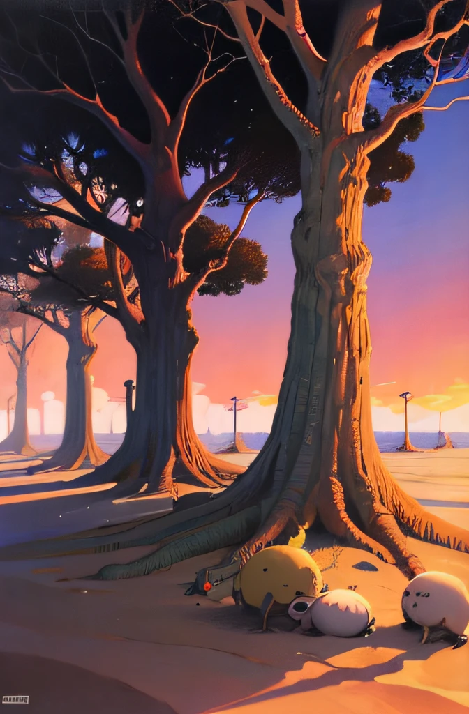 art style by [Hokusai + Moebius + tristan eaton + Michael Hutter + sandy skoglund], oasis in the desert, A tree, an ultrafine detailed painting。 --niji 5 --auto