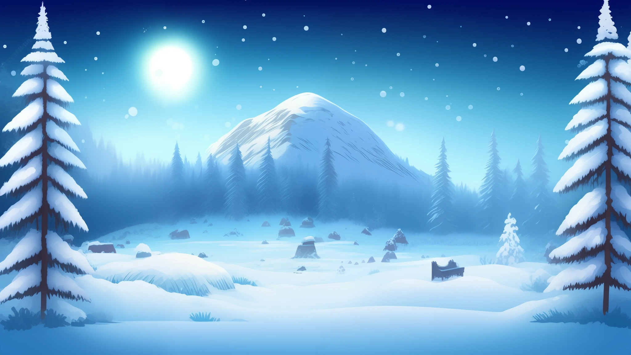 A snow land in cartoon close shot background in a snow mountain in cartoon realistic