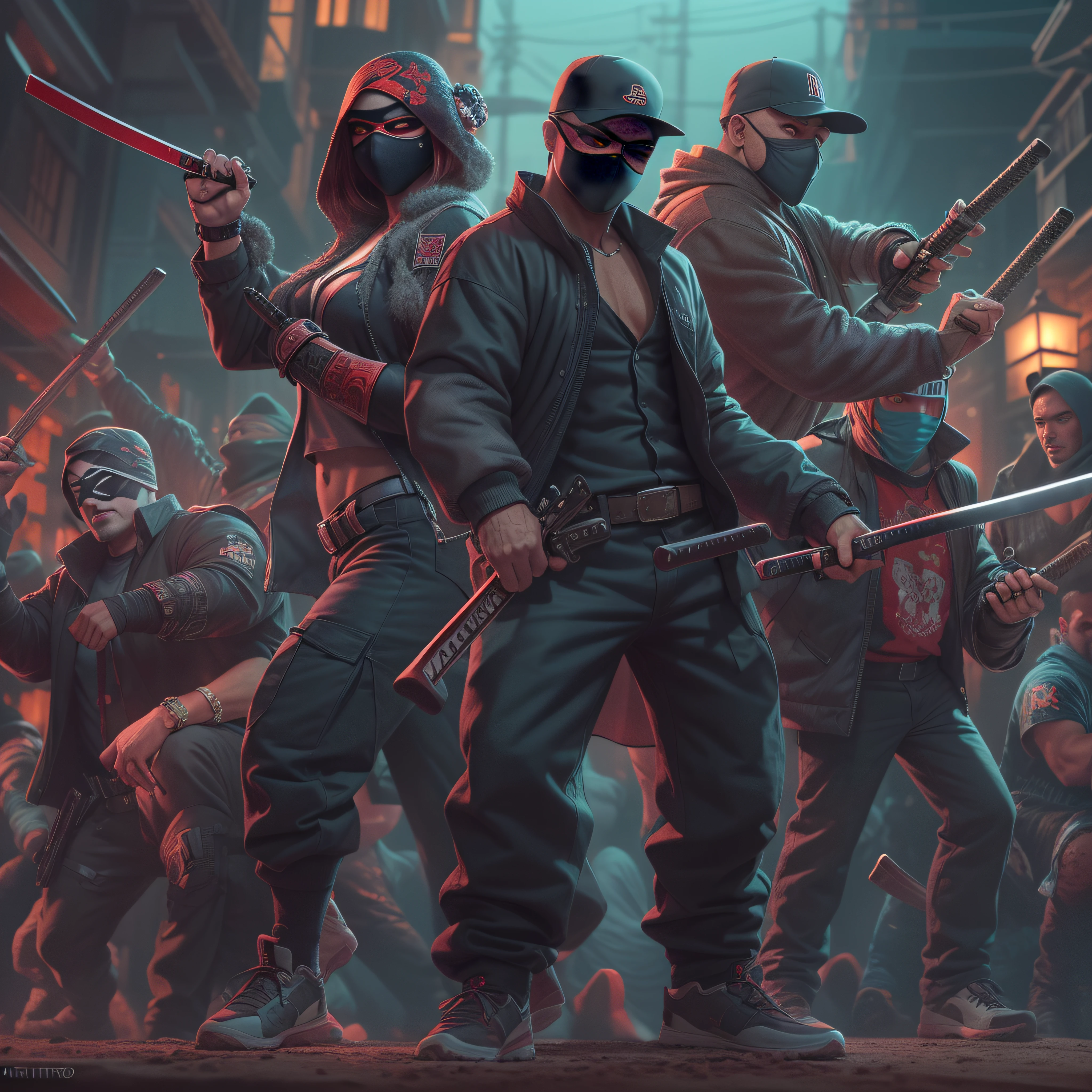 Gangster party including (gang boss) and (female ninja holding a katana) and (large brute holding a baseball bat) and (masked gunman holding a pistol), bold, intimidating, intricate, highly detailed, trending on artstation, 8K