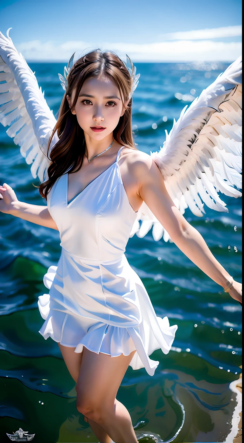 photo of ukwng, unfolded white big wings with silver rim, hidden arms, wingarm, hair ornament,  2wings,
standing in the air, land sea, hight angle shot, upper body
beautiful woman, ((solo)), ((1girl)), best quality, ultra high res, 8K, masterpiece, sharp focus,  clear gaze