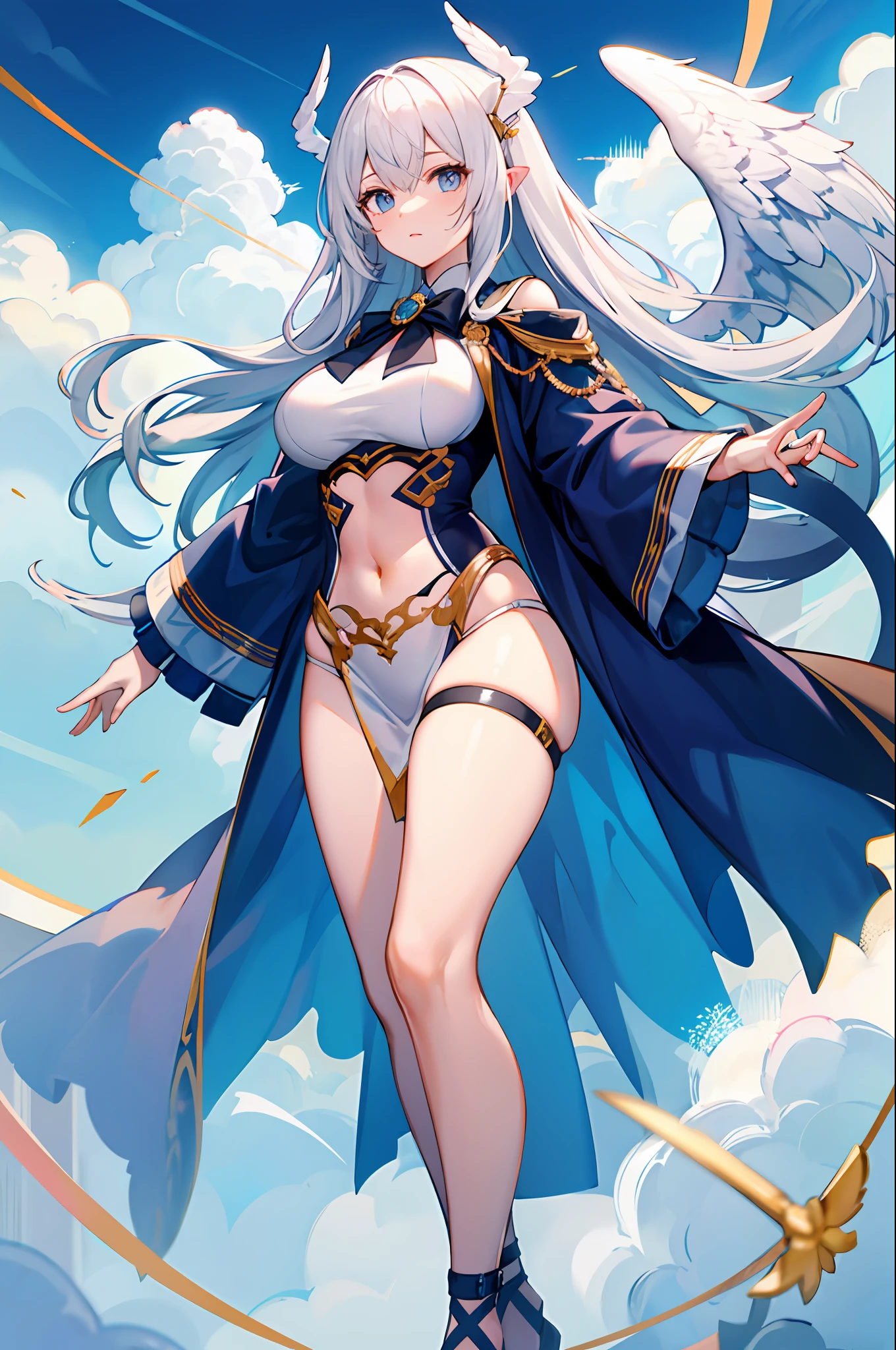 high qulity,long white hair,hyper-detailing,big breasts beautiful,angelicales,Stand on the cloud,Bow in hand