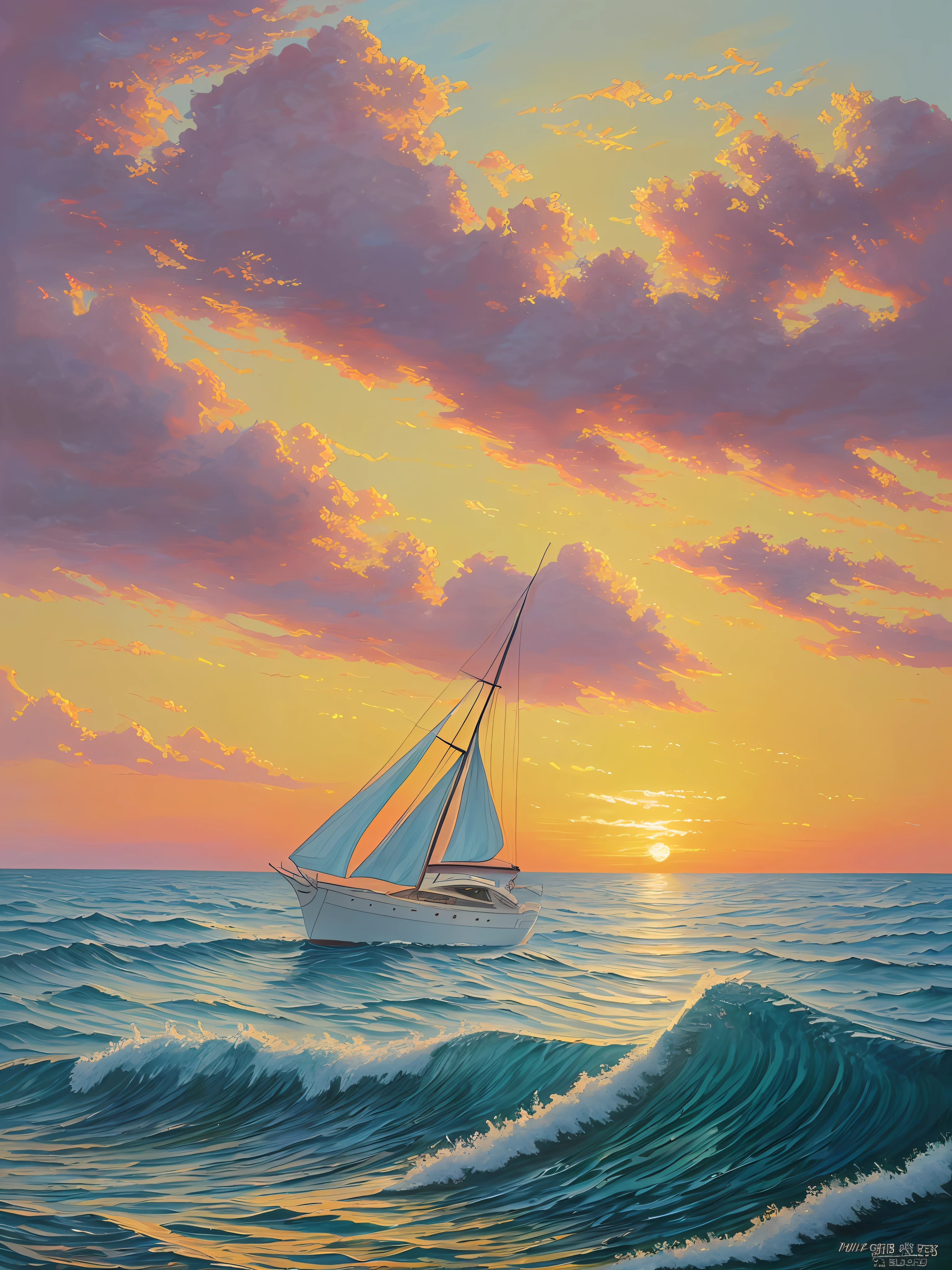 Ocean sunset oil painting、Oil painting with heavy glaze、Intricate and delicate oil painting、High quality smooth painting、Wall decoration painting、The sun rises and shines light、Artistic expression on canvas、Artistic quality thick lacquer、Canvas paintings、Large-scale painting、High quality glossy art、Sunset、Splendid oil painting、Detailed paintings、Sunset sailboat painting on the sea --auto