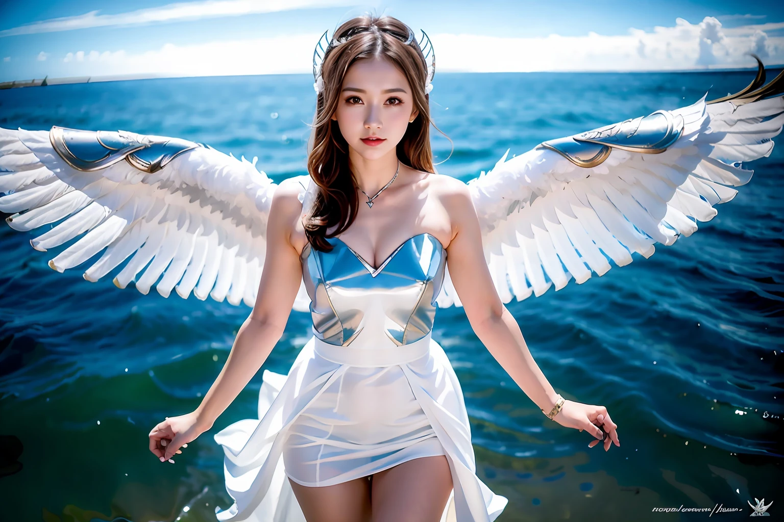 photo of ukwng, unfolded white straight wings with silver rim, hidden arms, wingarm, hair ornament,  2wings, line on the head
standing in the air, land sea, hight angle shot, upper body
beautiful woman, ((solo)), ((1girl)), best quality, ultra high res, 8K, masterpiece, sharp focus, clear gaze