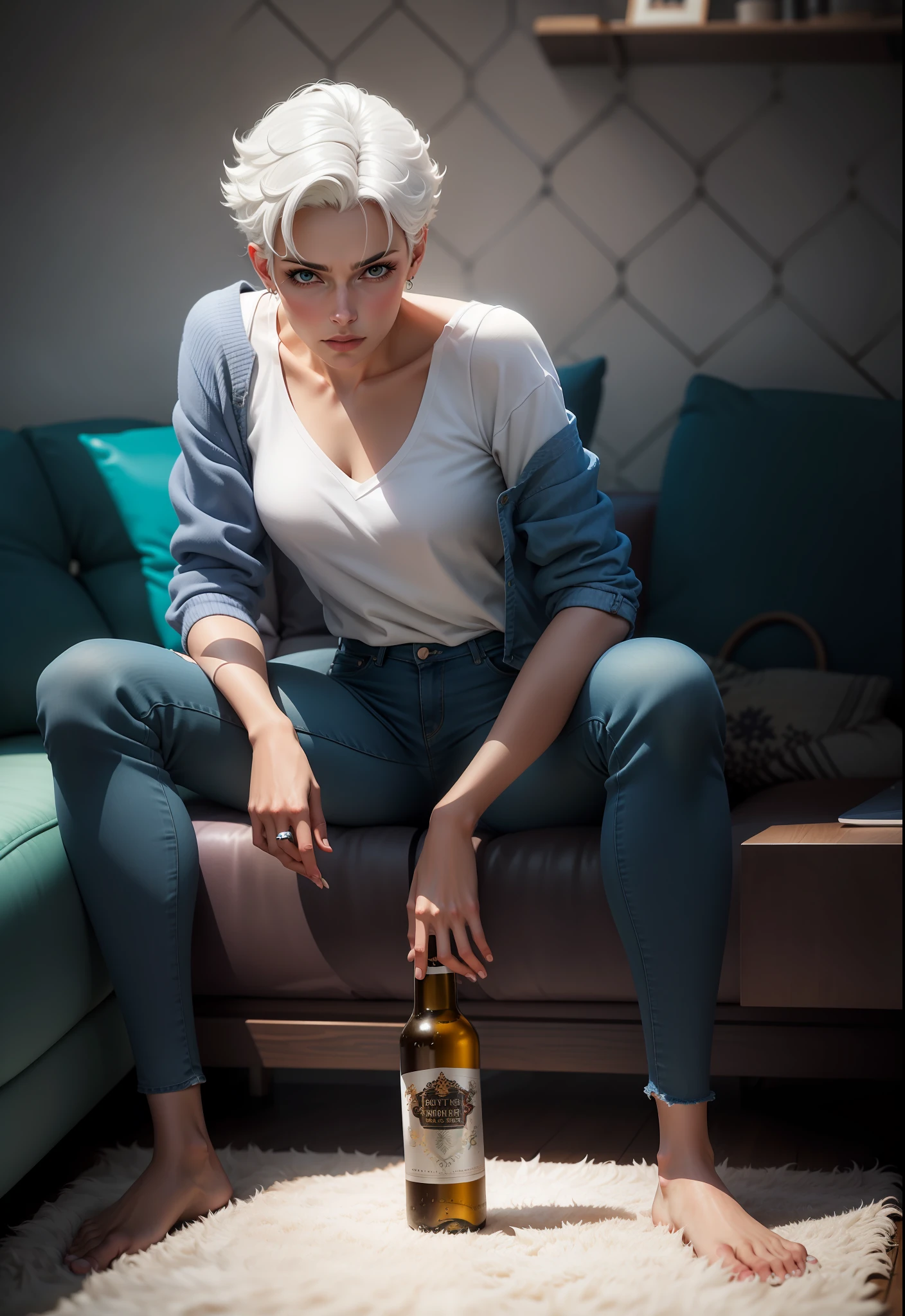 a close up of a woman sitting on a couch with a bottle of beer, white hair, short white hair, dark blue jeans, wearing dark blue jeans, white top, white shirt, sitting on the couch, sitting on the sofa, sitting on a couch, sitting on couch, on a couch, kate bishop, sitting on a sofa, feet on rug, rug on the floor