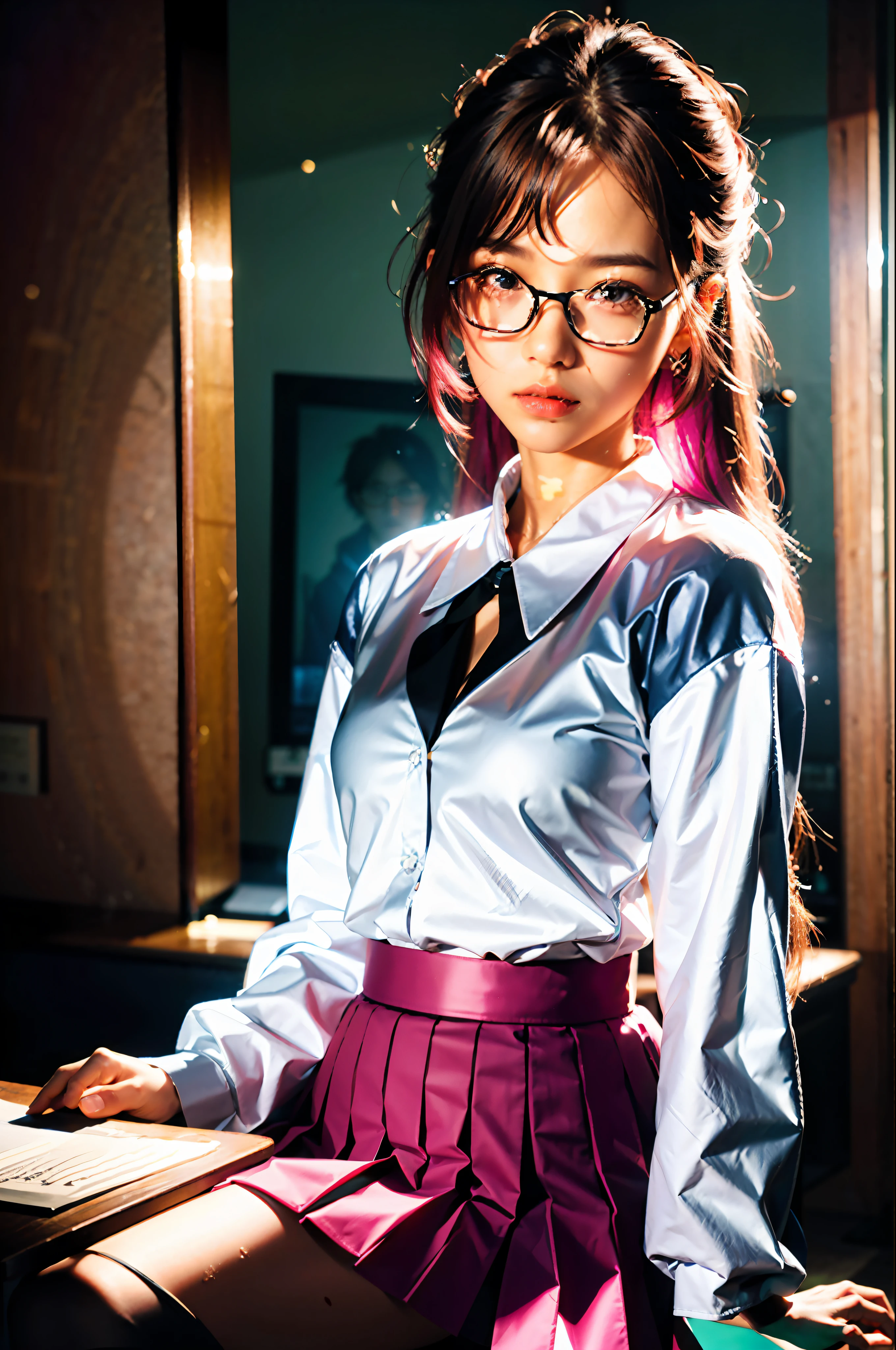 tmasterpiece，Best quality at best，photograph realistic，asda，the face，1girl，heads，Thick lips，with pink hair，sitted，moisty，shiny skins，mix4，best qualtiy)), ((tmasterpiece)), (the detail:1.4), hdr（HighDynamicRange）,Ray traching，Hyper-Resolution,Subsurface scattering、PBR Texture、post-proces、Anisotropy Filtering、depth of fields、maximum definition and sharpness、Many-Layer Textures、Albedo e mapas Speculares、Surface coloring、Accurate simulation of light-material interactions、perfectly proportions、rendering by octane、Two-colored light、largeaperture、Low ISO、White balance、the rule of thirds、8K raw data，ulzang-6500-v1.1,(RAW photo:1.2), (Photorealistic:1.4), Beautiful Meticulous Girl, very detailed eyes and faces, Beautiful detailed eyes, absurderes, ultra - detailed, A high resolution, The is very detailed，best qualtiy，tmasterpiece，The is very detailed，CG，unified，8k 壁纸，Amazing Cleavage，finely detailled，tmasterpiece，best qualtiy，Very detailed 8k wallpapers，light in face，cinmatic lighting, 1girll, 14 years old,Wet black pleated skirt，emaciated，wears glasses，white skinned，perspired，Very thin，long whitr hair，鎖骨，puffy eye，Wet pink shirt，full bodyesbian，small boobs，Poor milk，bit girl，junior school student