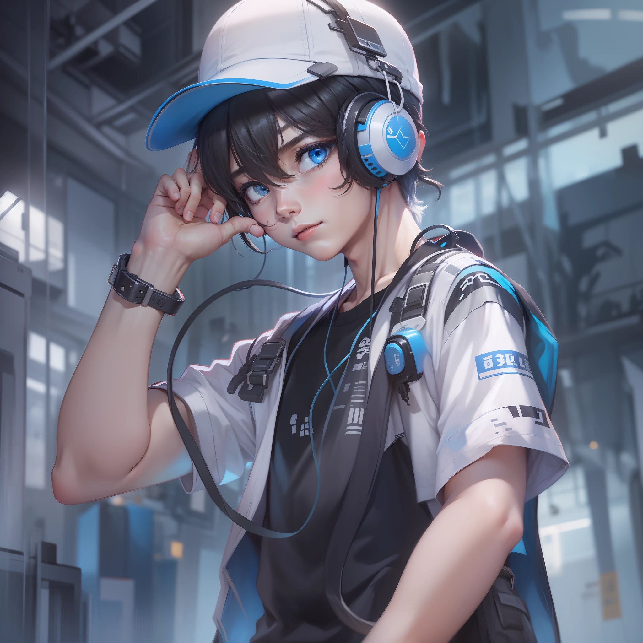 A boy in a black shirt,tmasterpiece,best qualtiy,high qulity,eBlue eyes,Blue line shirt,white pantie,White cap,Wear a cap,The blue line hangs down,Black and blue headphones。