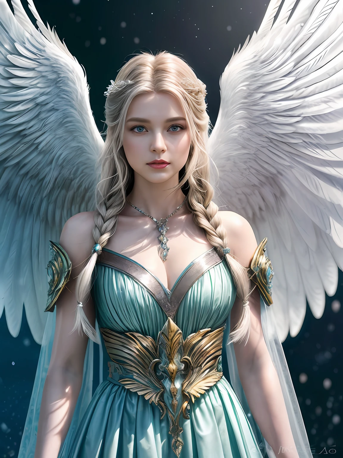 (masterpiece, best quality, photorealistic, highly detailed, octane render, unreal engine, 8k HD, hyper-detailed, realistic skin texture, best quality, ultra high res, raw photo, dramatic lighting, unreal engine, diffuse glow, dynamic pose), A female archangel with beautiful features would likely have striking, ethereal looks that would inspire awe and wonder in anyone who beheld her. She might have piercing blue or green eyes that seemed to glow with an inner light, framed by long lashes that brushed against her delicate cheekbones. Her skin might be porcelain pale, with a soft, rosy blush that highlighted her high cheekbones.
Her hair might be long and flowing, with strands of gold or silver that shimmered like starlight in the sun. It might be styled in intricate braids or loose waves that cascaded down her back, or perhaps pulled back into an elegant updo that showcased her graceful neck.
Her wings would be magnificent, with feathers as white as snow and shimmering with an otherworldly light. They might be large and imposing, giving her an aura of power and majesty, or perhaps delicate and intricate, reflecting her refined and elegant nature.
In short, a female archangel with beautiful features would be a vision of divine beauty, radiating grace, power, and wonder in all who beheld her