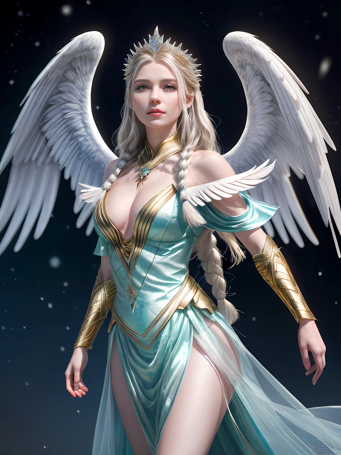 (masterpiece, best quality, photorealistic, highly detailed, octane render, unreal engine, 8k HD, hyper-detailed, realistic skin texture, best quality, ultra high res, raw photo, dramatic lighting, unreal engine, diffuse glow, dynamic pose), A female archangel with beautiful features would likely have striking, ethereal looks that would inspire awe and wonder in anyone who beheld her. She might have piercing blue or green eyes that seemed to glow with an inner light, framed by long lashes that brushed against her delicate cheekbones. Her skin might be porcelain pale, with a soft, rosy blush that highlighted her high cheekbones.
Her hair might be long and flowing, with strands of gold or silver that shimmered like starlight in the sun. It might be styled in intricate braids or loose waves that cascaded down her back, or perhaps pulled back into an elegant updo that showcased her graceful neck.
Her wings would be magnificent, with feathers as white as snow and shimmering with an otherworldly light. They might be large and imposing, giving her an aura of power and majesty, or perhaps delicate and intricate, reflecting her refined and elegant nature.
In short, a female archangel with beautiful features would be a vision of divine beauty, radiating grace, power, and wonder in all who beheld her