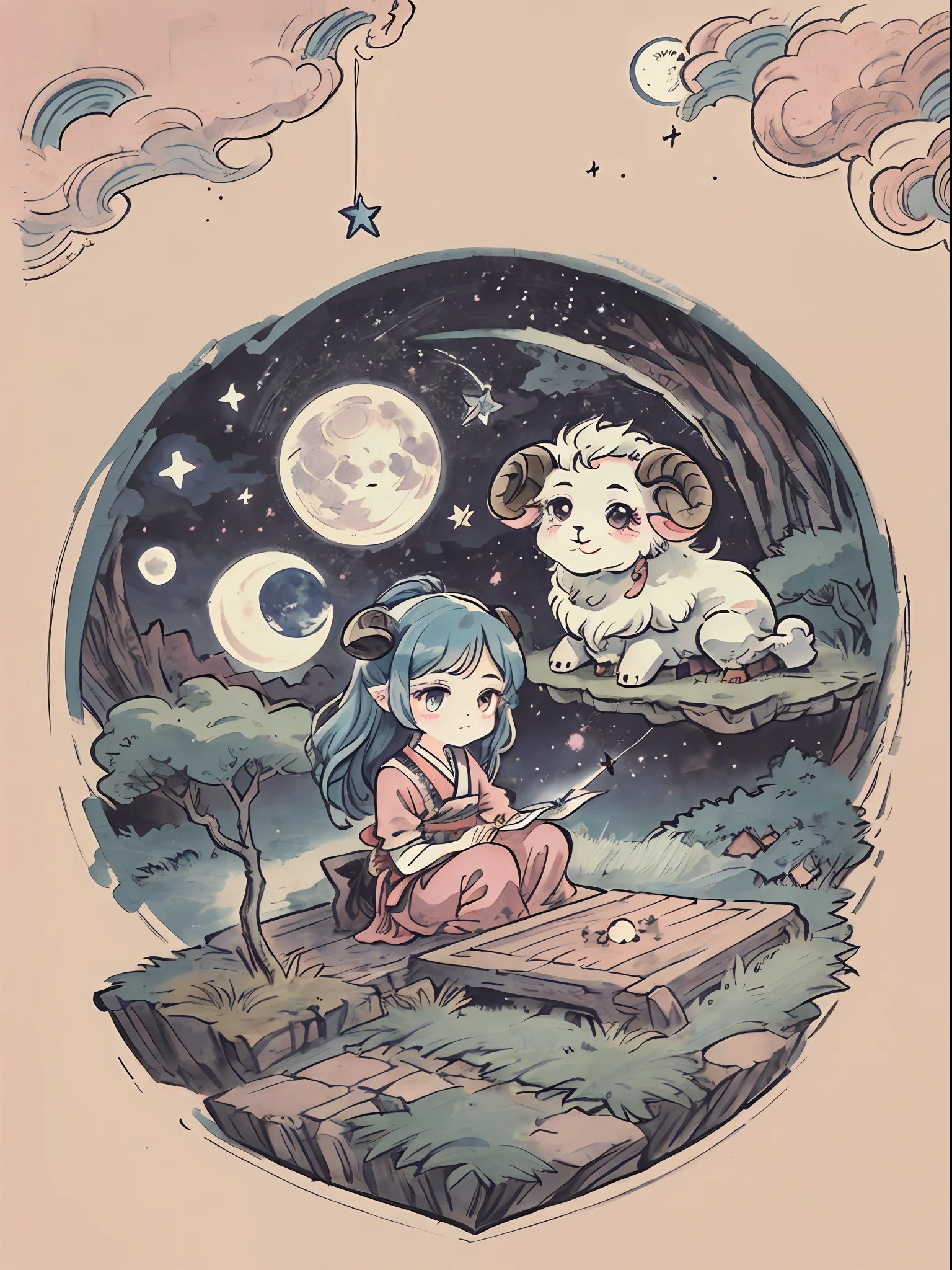 masutepiece, of the highest quality, isometric, diorama, beatiful detailed eyes、(Cute little girl: 1.2, Sheep horns on the head), Stars, (Moon: 0.8), Water, shooting stars, Pink clouds, Hiroshige Style, Ukiyo-e prints