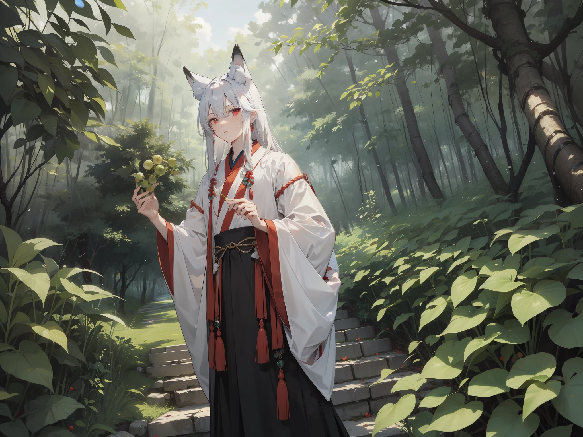 ((Masterpiece))，Ultra-clear image quality，((1 man))，sliver long hair，Red eyes，Fox ears，Ancient wind，Hanfu，Look at the green grape bunches in your hand，exterior，In the woods