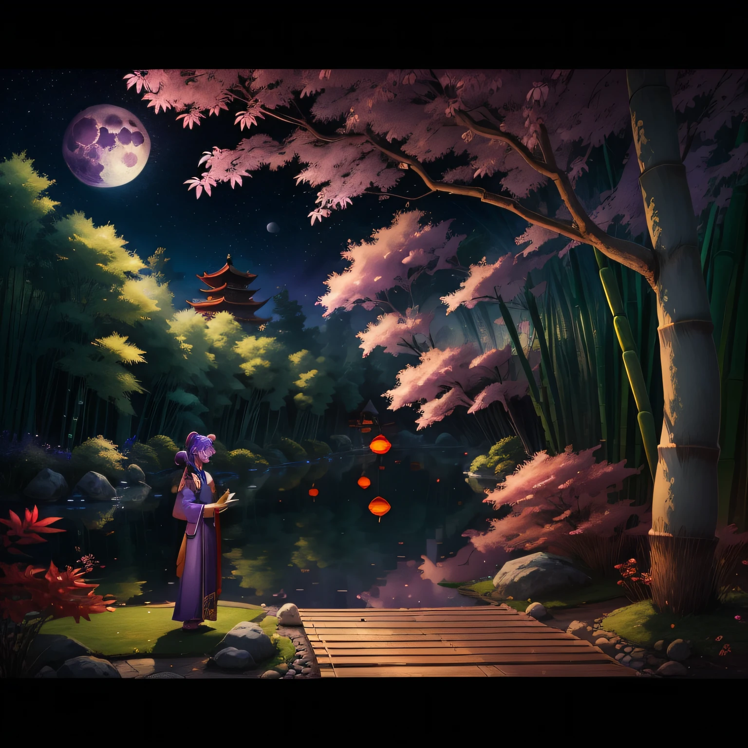 16K,HD,,Purple colored hair,ember,Purple gemstone-colored eyes,Mouse ears,15year old,175cm height,Thin stature,Wear lake green Chinese Han costume,Standing above the red eaves,A bright moon in the upper right corner is empty,There are several bamboo trees on the left,A breeze hits,Bamboo and Hanfu sway and float in the wind,It's dreamy,Write the "italics" in italics with a brush in the lower corner 。 --auto