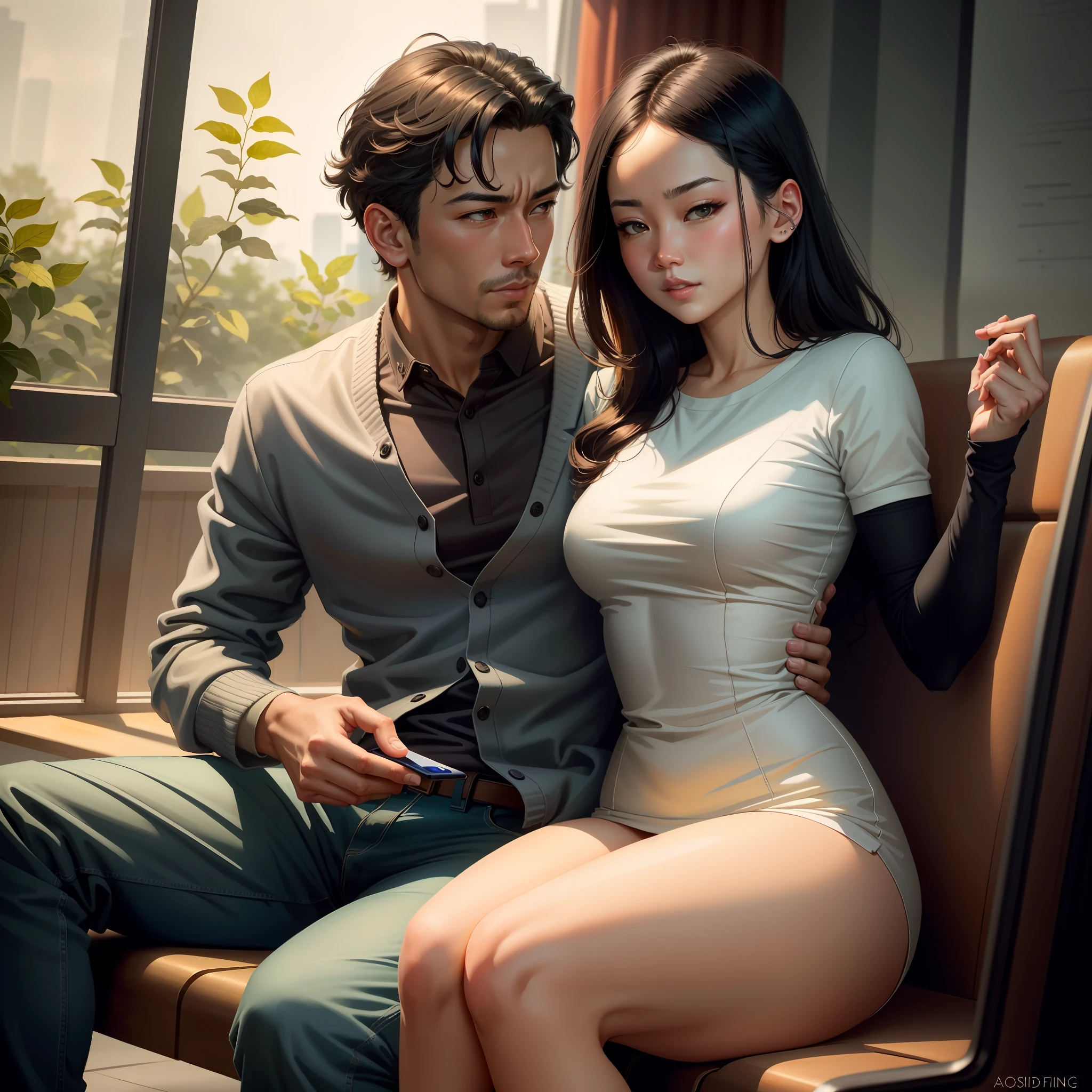 The man sat on the bench with the woman in his arms,Look at the phone, wlop and ross thran, wlop and andrei riabovitchev, ross tran and bayard wu, loish and ross tran, Ruan Jia and Artgerm, artgerm and ben lo, Range Murata and Artgerm, trending on cgstation