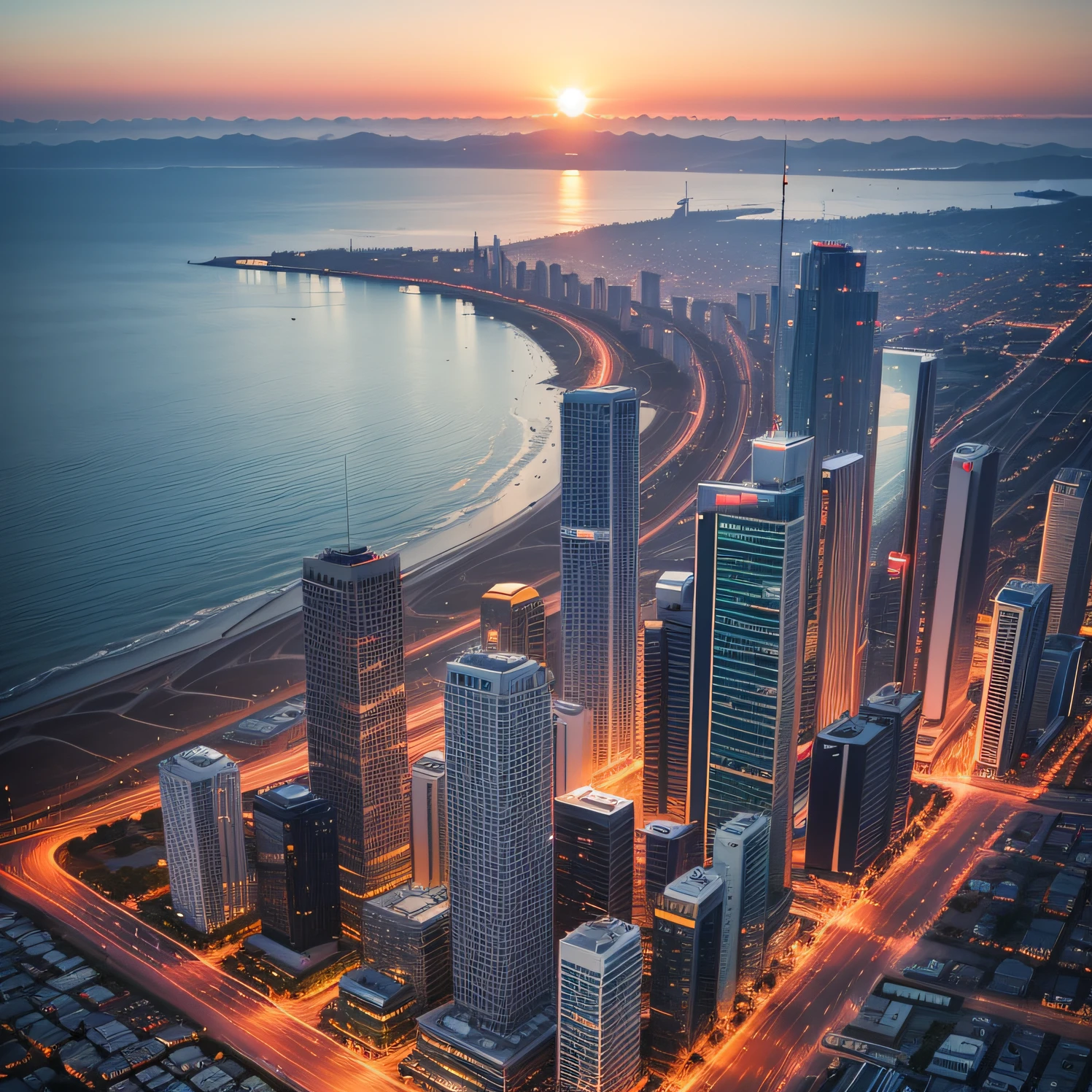 Modern city sunset sea view --auto