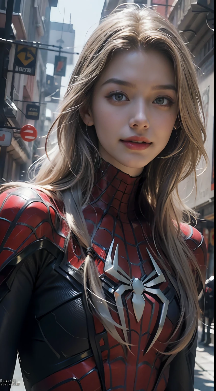 tmasterpiece，k hd，Detailed details，Beautiful woman detailed defined body using spider man cosplay，Bigchest，ssmile，Exquisite facial features，s the perfect face，White skin of the，long whitr hair，City streets