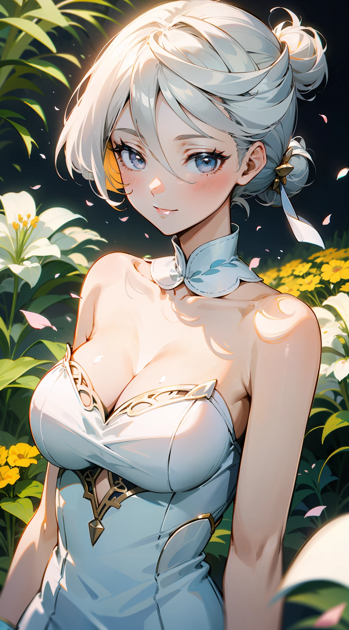 A masterpiece、the highest quality、Close Up, upper body  shot until stomach、"Miorine with a silver hair bun, wearing an intricate white party dress with open shoulders. She has a big springy breast, with cleavage visible. She is looking at the viewer, slightly higher, blushing and giving a shy smile, flower garden background with flower petals in air"