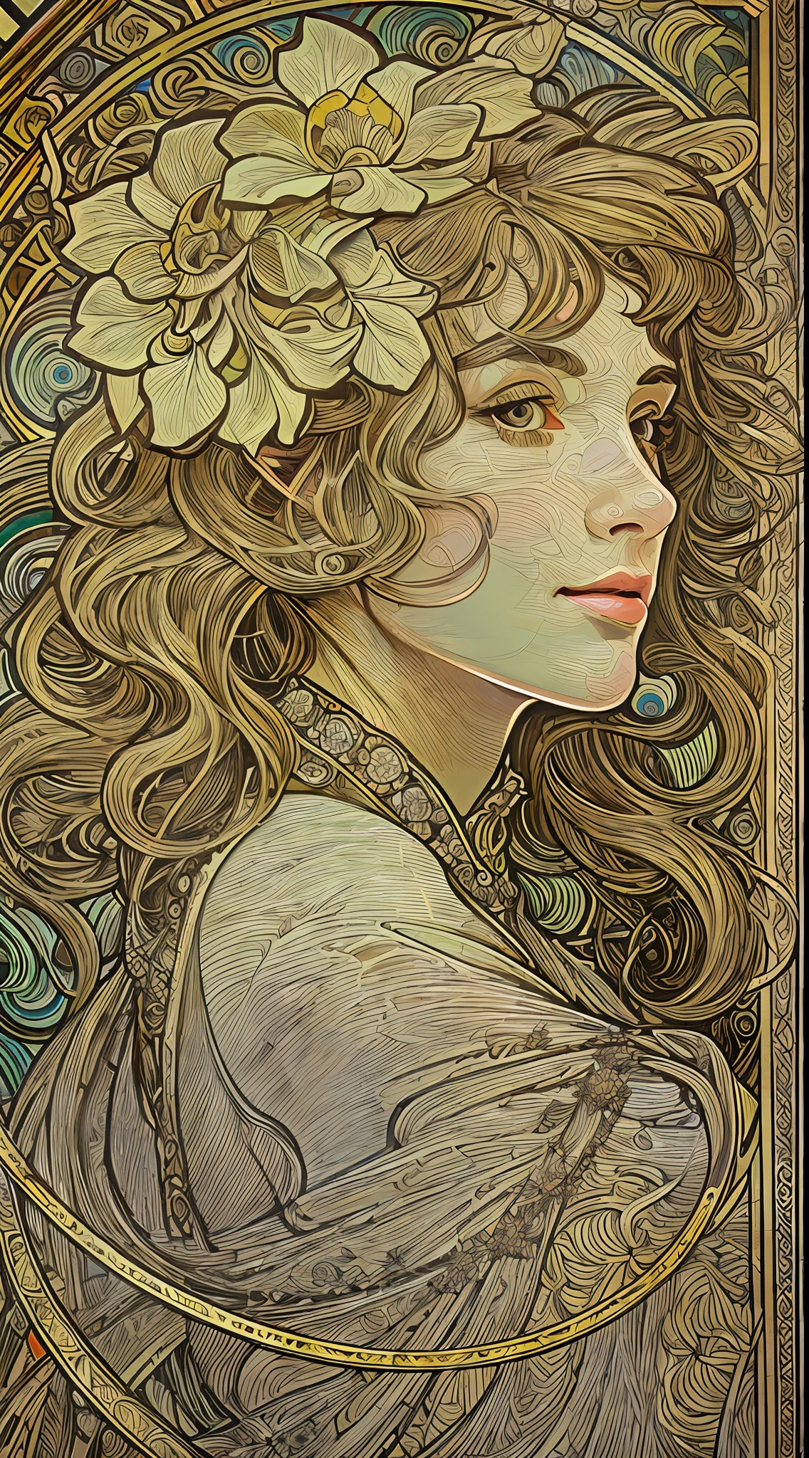 face portrait of a European female , long curly hair, blond, floral frame, Decorative panels, abstract
artistic, by Alphonse Mucha
(Masterpiece, Best Quality, Highres:1.4), Detailed, Intricate Details, 4K, color splashes, line art, fibonacci,