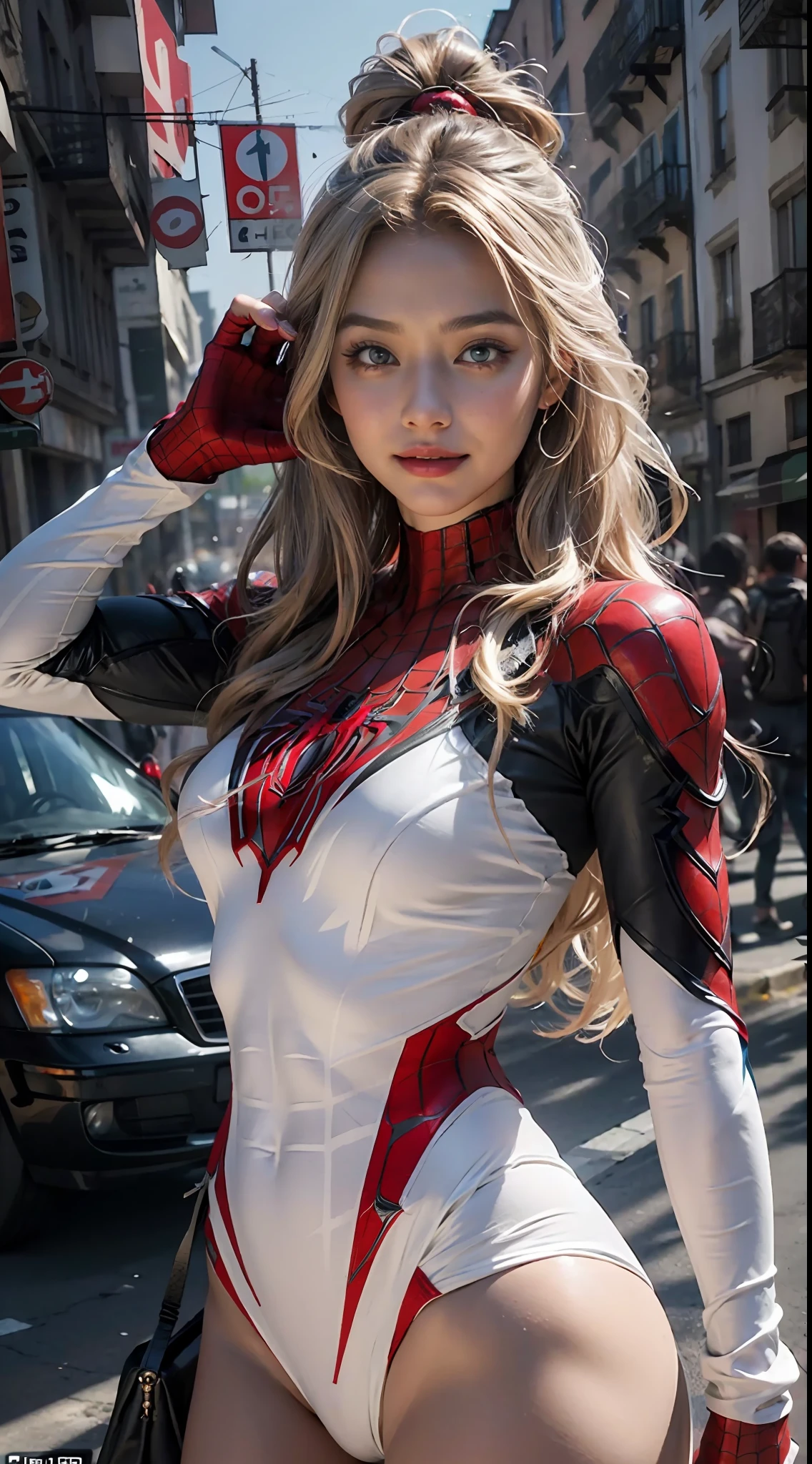 tmasterpiece，k hd，Detailed details，Beautiful woman detailed defined body using spider man cosplay，Bigchest，ssmile，exquisite facial features，s the perfect face，White skin of the，long whitr hair，City streets