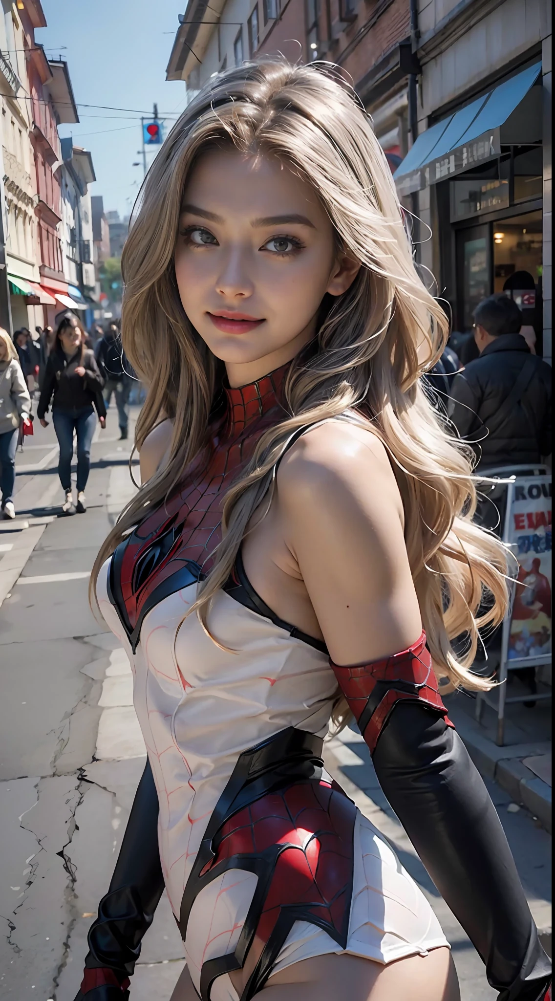 tmasterpiece，k hd，Detailed details，Beautiful woman detailed defined body using spider man cosplay，Bigchest，ssmile，exquisite facial features，s the perfect face，White skin of the，long whitr hair，City streets