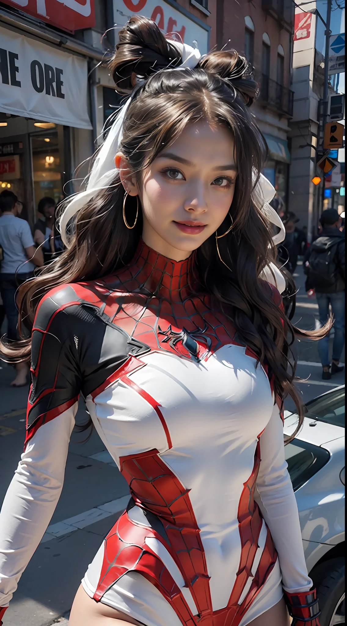 tmasterpiece,k hd,Detailed details,Beautiful woman detailed defined body using spider man cosplay,Bigchest,ssmile,exquisite facial features,s the perfect face,White skin of the,long whitr hair,City streets