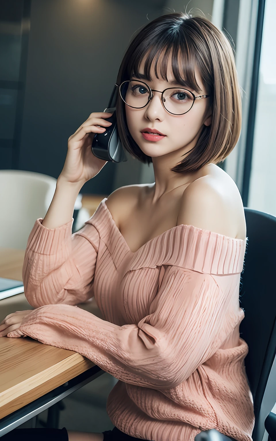 Highly detailed CG Unity 8k wallpaper, top quality, super detailed, masterpiece, realistic, photorealistic, highly detailed cute girl, 25 years old,  (secretary), (glasses), blush, round eyes, medium breasts, viewer, half body shot , off-shoulder sweater , valley、 (showing  panties) , sitting, bob cut , bangs, office, telephone on the desk,