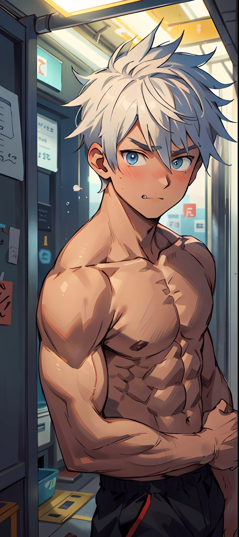 (tmasterpiece,Best quality at best,absurd res),1人,Naked boys,little mouth,is shy,Be red in the face,Shy,Shy,There is white stickiness on the body,Semen,musculous,Detailed eyes,nakeness,(nakeness),eBlue eyes,Bare topless,Upper body body,(fluorescent light),(a color),((abstract backgrounds)),
