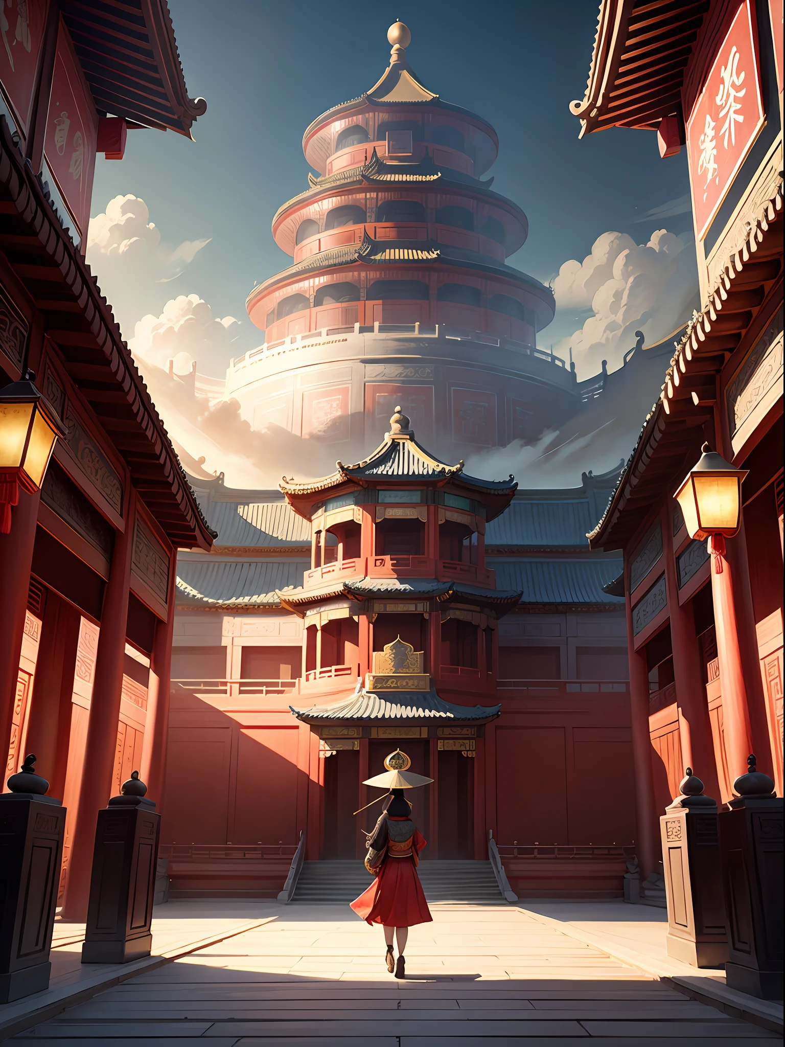 elegant and mysterious Chinese style illustration of the Forbidden City, Chinese style building, willow trees, lucky clouds, cinematic lighting, masterpiece, super detail, high quality --auto