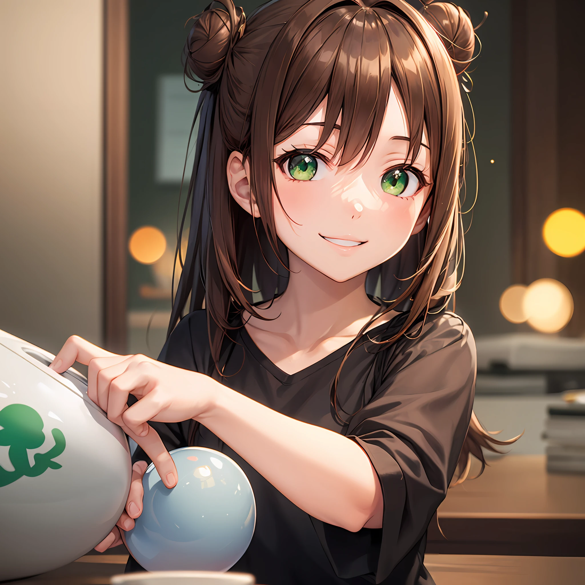 masutepiece, Best Quality, Dynamic Range, Bokeh, Indoors, top bun hair, Brown hair, Green eyes, Looking at Viewer, Smile, Anime, single shot,