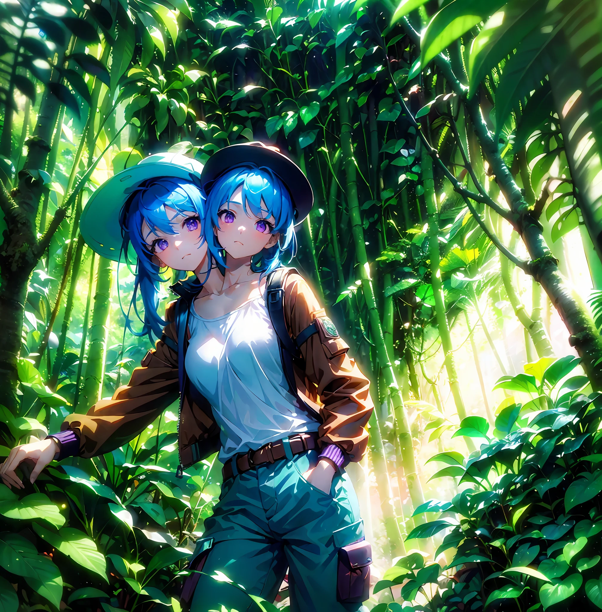 (masterpiece, best quality), best resolution, (2heads:1.5), anime girl with two heads, blue hair, purple eyes, curious, two brown explorer hats, brown jacket, white undershirt, heavy backpack, long tan cargo pants, brown boots, clambering amidst rainforest foliage, wandering through the rainforest, crouching pose, rainforest background, jungle forest, beautiful jungle, jungle nature