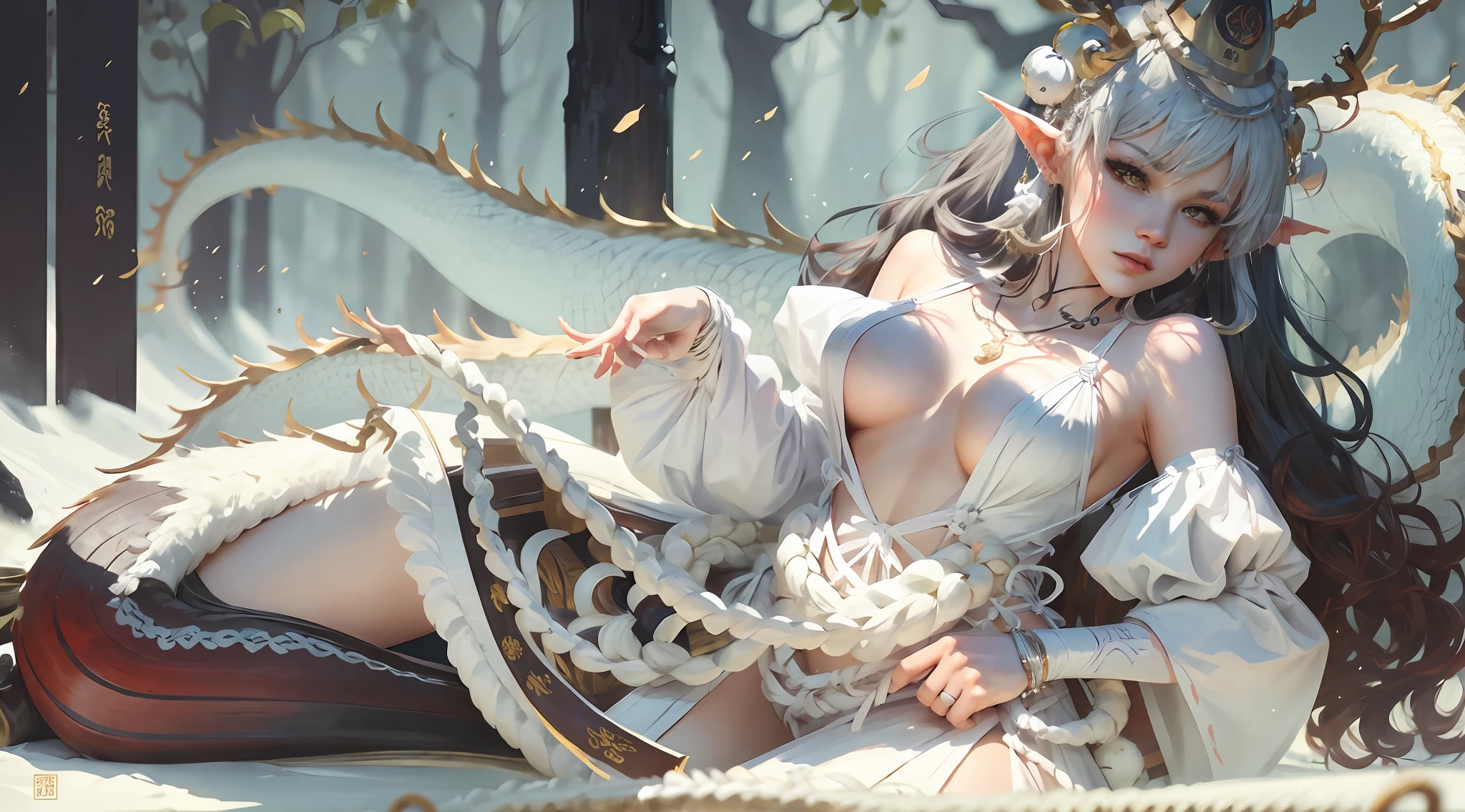 （（（tmasterpiece））），best qualtiy，illustratio，（Beautiful Meticulous Girl），beautiful detail glow，Hanfu，Kpop idol，seductiv，
on cheongsam，Bigboobs，[Sexy 0.9]，（black lence stockings），[（white backgrounid：1.5）， ：：5]，Dragon tail，Elf ears，long  white hair