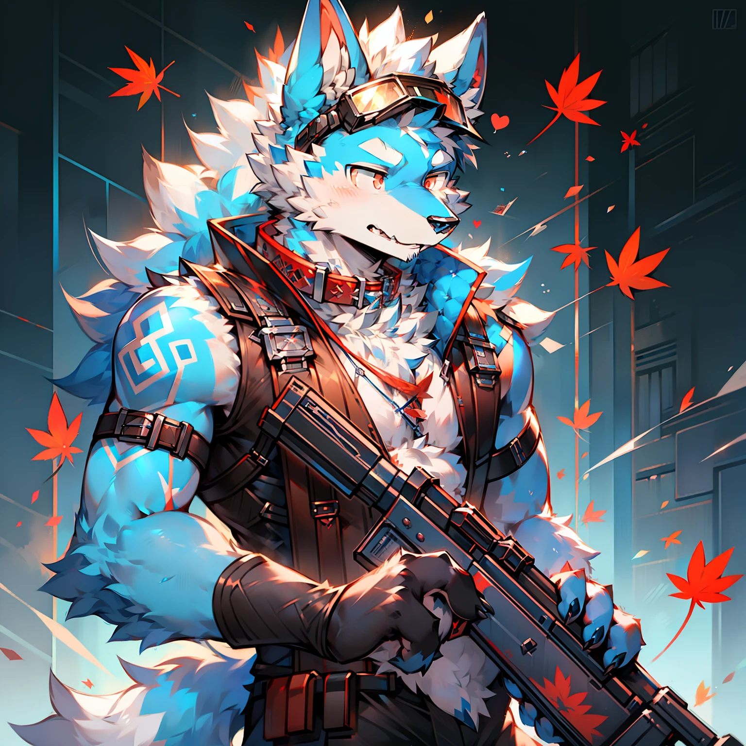 solo person,furry,werecreature,Male white wolf,Blue fur,Blue tail,White ears,Blood-red eyes,Red collar,musculature,male people,Handsome,(The furry feeling of animal ears),With a firearm,commando,rifles,cyber punk perssonage,Tech goggles,Maple leaf falling,autumnal