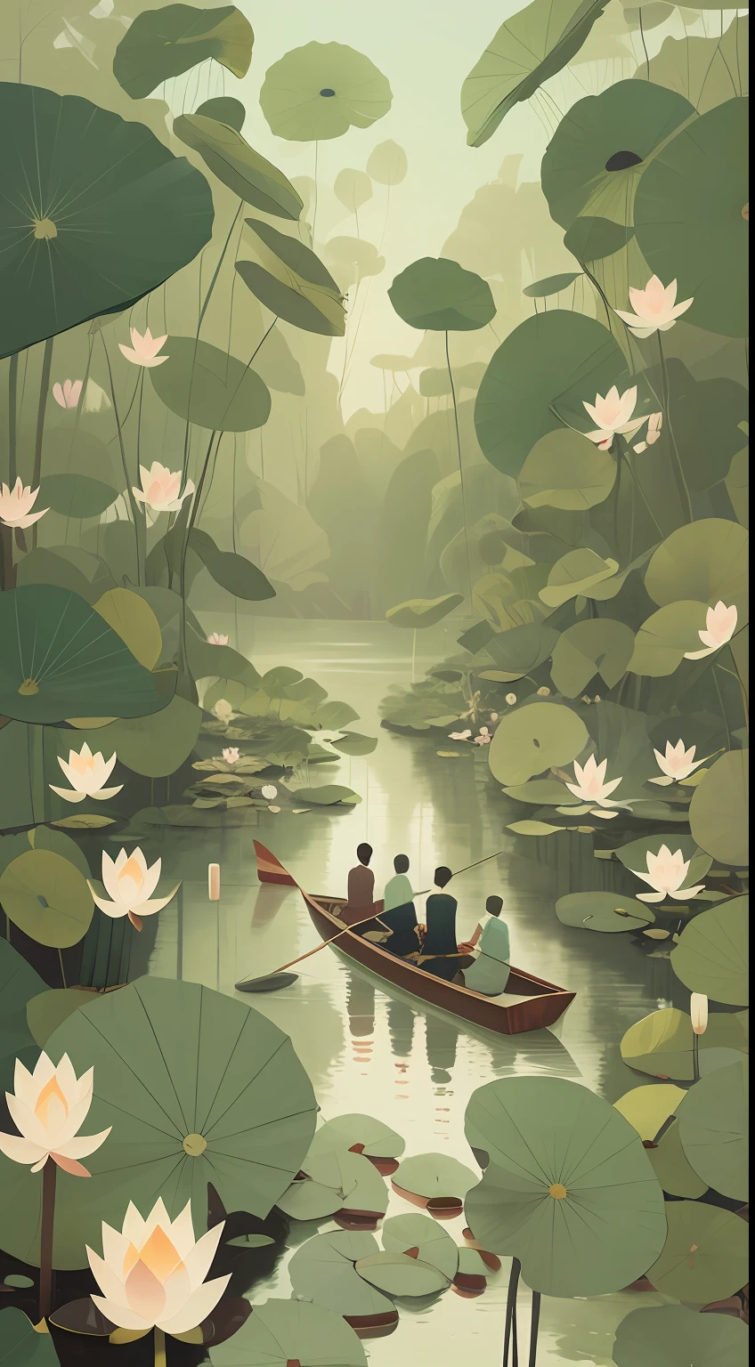 Three young men in a boat by the lake,Surrounded by water people,crystal clear water,Lotus pond, atey ghailan 8 k, A beautiful artwork illustration, serene illustration, Normal lotus proportions,three point perspective,by Atey Ghailan, By Li Song, in style of atey ghailan, tithi luadthong,