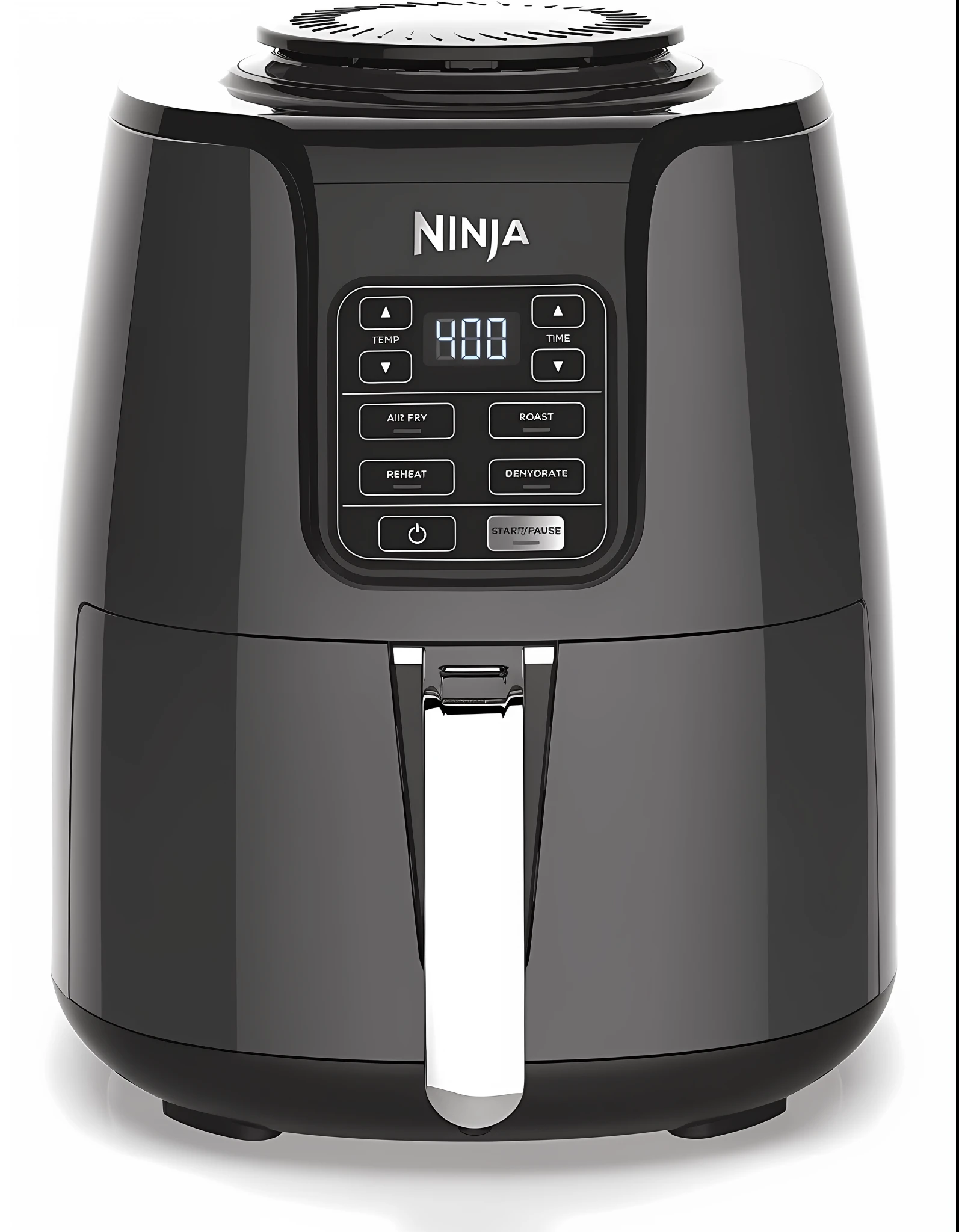 Close-up of a black air fryer with a digital clock on the side, ninjartist, N-9, N- 9, n -9, n - 9, 4 K - N 9, - N 9, -n 9, -n9, ninchaku, with accurate features, line sleek,strongman, 8 K - N 9, ND 6