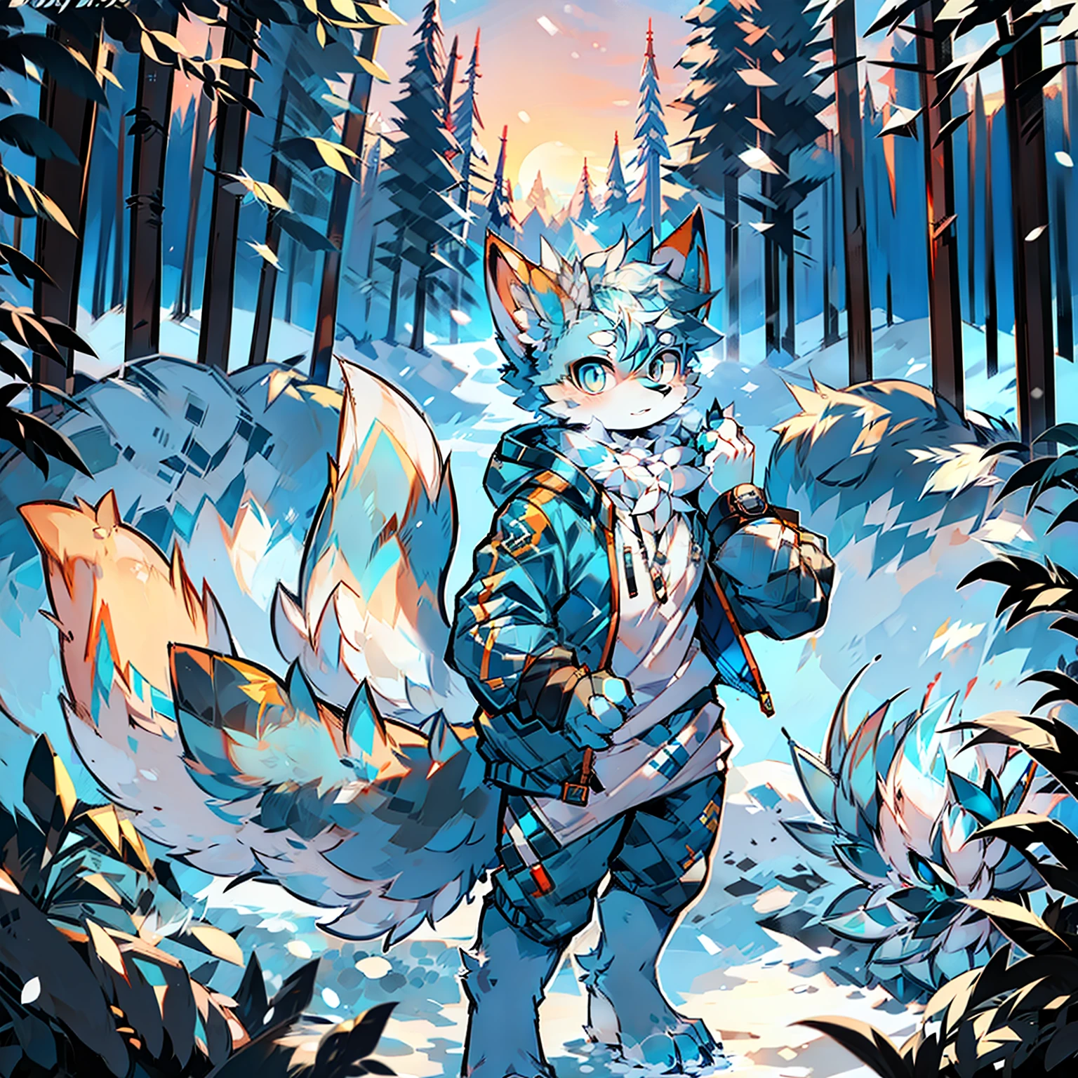 Furry male blue white pattern fox bright pupils big tail standing wearing blue cotton jacket snow mountain sunset