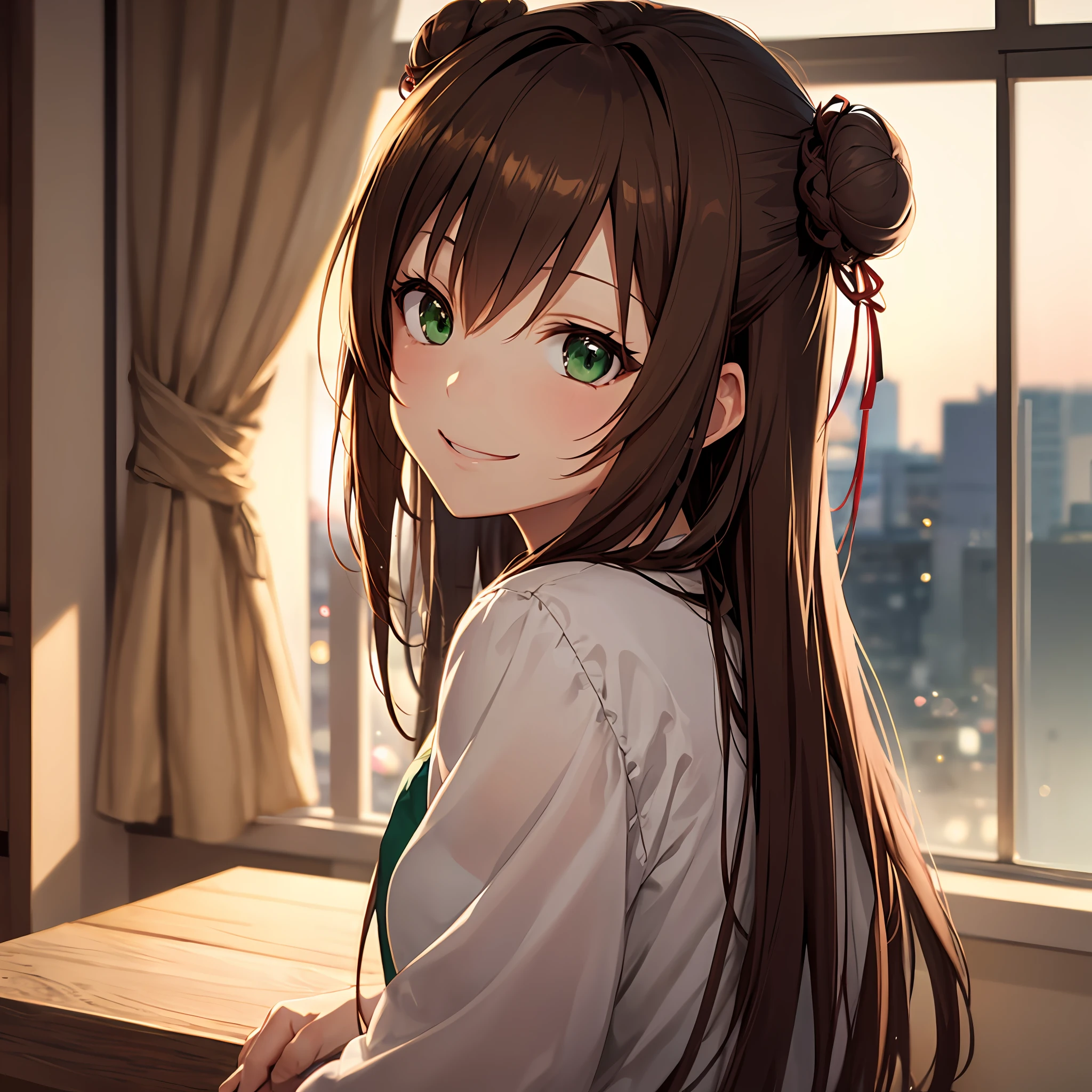 masutepiece, Best Quality, Dynamic Range, Bokeh, Indoors, top bun hair, Brown hair, Green eyes, Looking at Viewer, Smile, Anime, single shot,