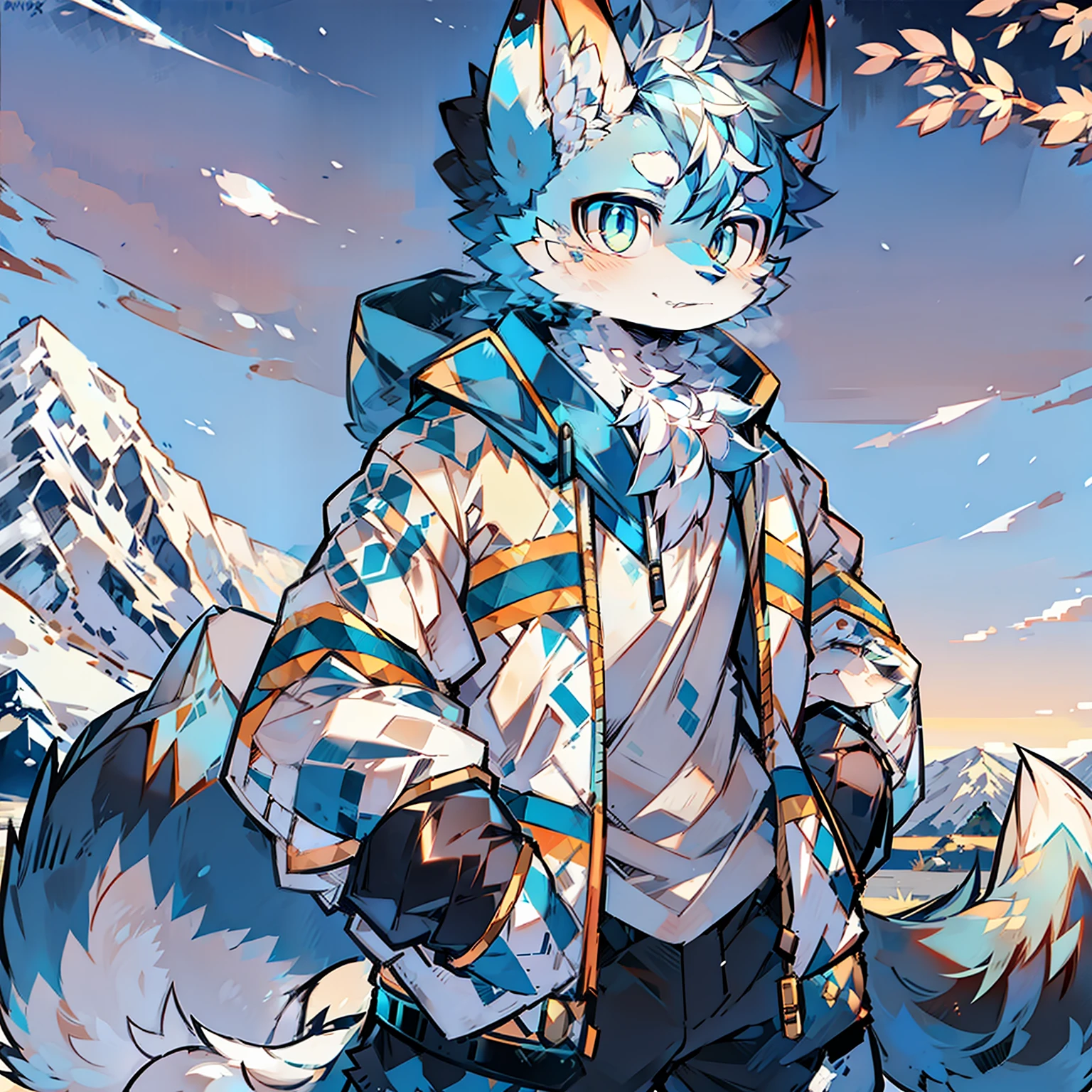 Furry male blue white pattern fox bright pupils big tail standing wearing blue cotton jacket snow mountain sunset