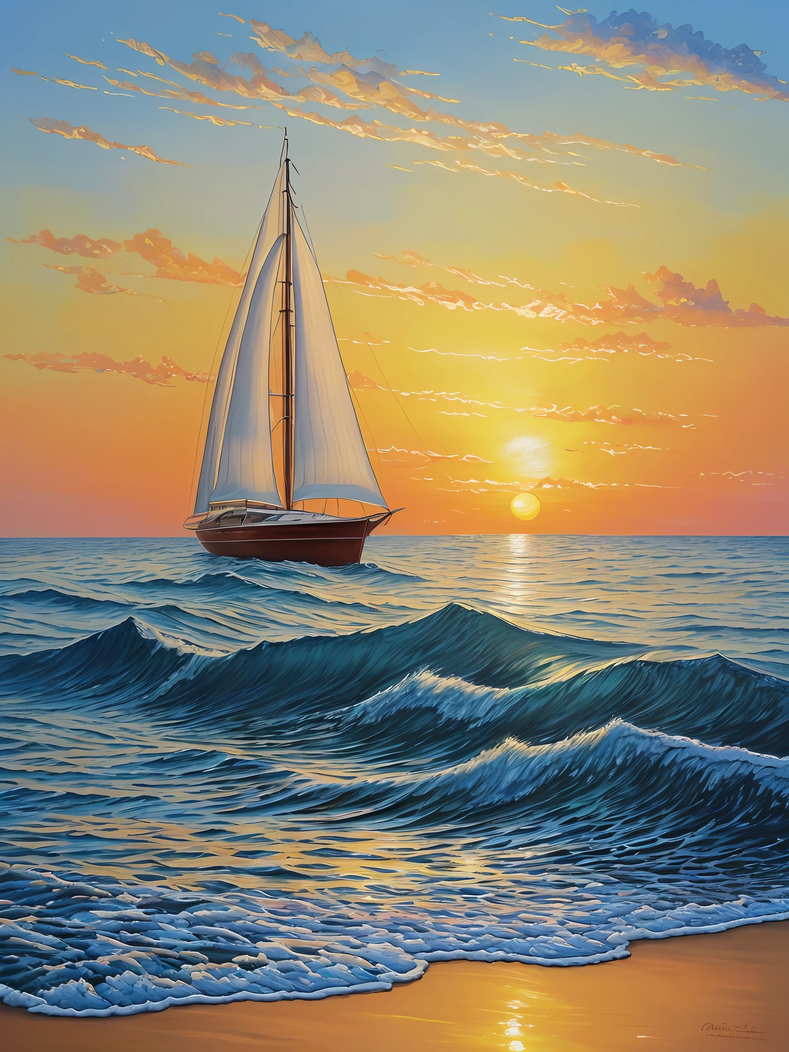 Ocean sunset oil painting、Oil painting with heavy glaze、Intricate and delicate oil painting、High quality smooth painting、Wall decoration painting、The sun rises and shines light、Artistic expression on canvas、Artistic quality thick lacquer、Canvas paintings、Large-scale painting、High quality glossy art、Sunset、Splendid oil painting、Detailed paintings、Sunset sailboat painting on the sea --auto