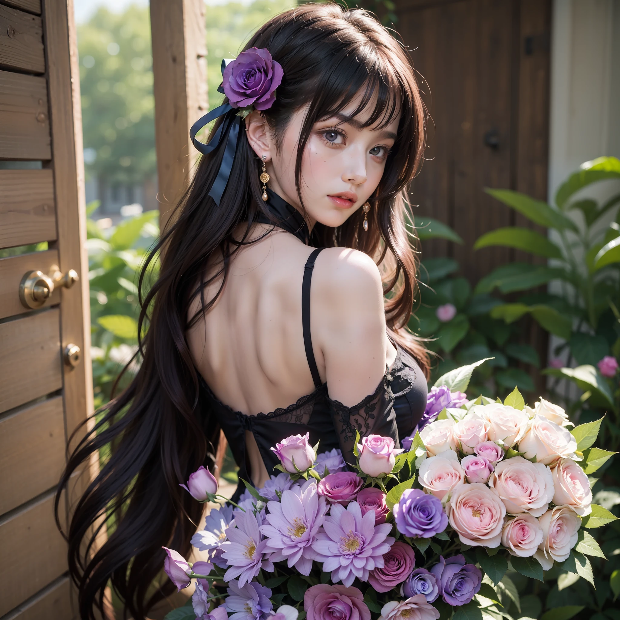 1girl,ass,back,backless_outfit,bangs,bare_shoulders,black_dress,black_flower,black_rose,blue_flower,blue_rose,bouquet,breasts,brown_hair,butt_crack,dress,earrings,flower,from_behind,hair_between_eyes,hair_flower,hair_ornament,holding,holding_bouquet,indoors,jewelry,long_hair,looking_at_viewer,looking_back,pink_rose,purple_eyes,purple_flower,purple_rose,red_rose,rose,rose_print,solo,thorns,underwear,very_long_hair,wavy_hair,white_flower,white_rose