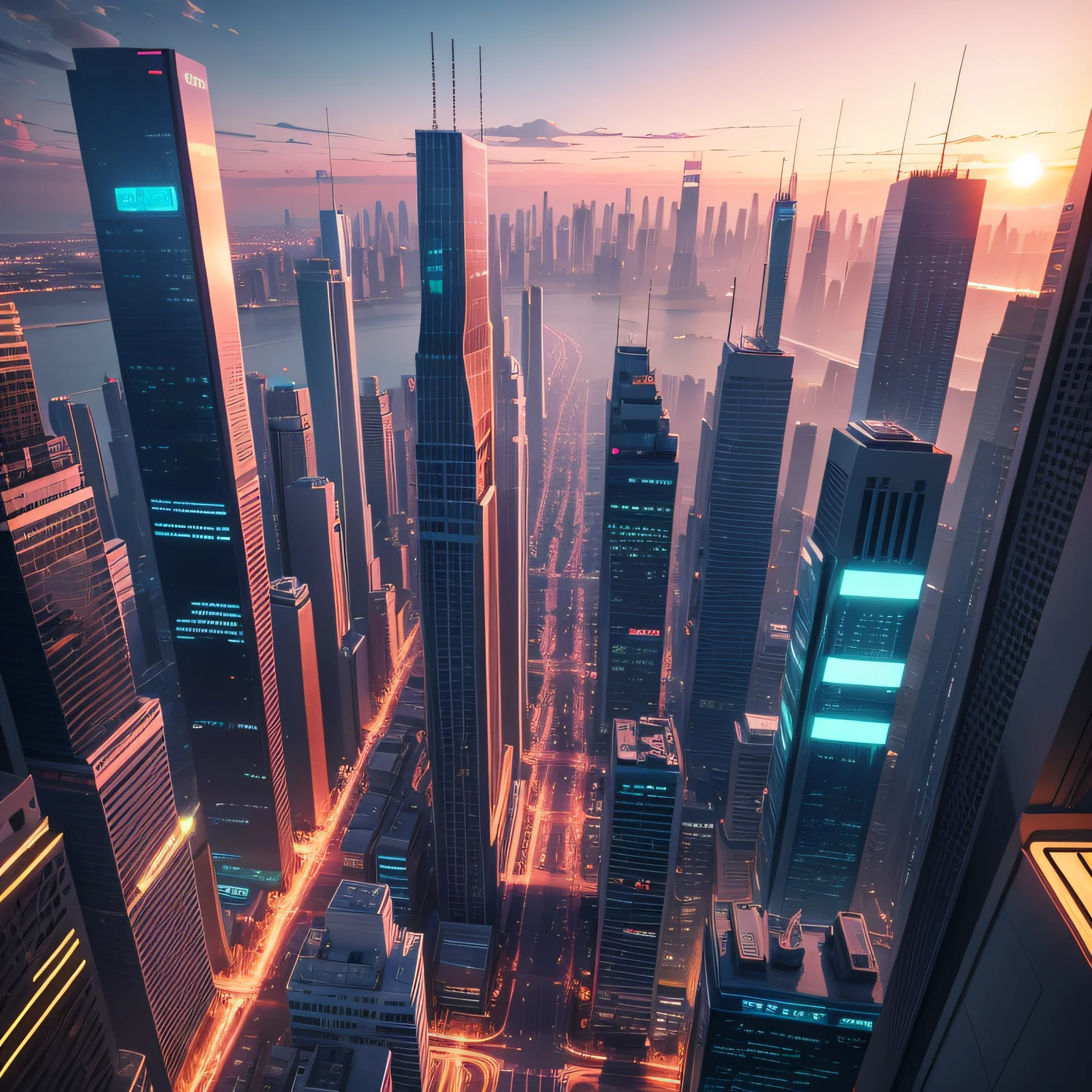 Modern age city，the sunset，neonlight，take hand。 --auto