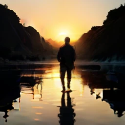 The sun is setting, There's a man fishing in a river. Ele usa equipamento de pesca esportiva. Ele usa uma camiseta com a frase escrita "clube de pesca QG da pesca"