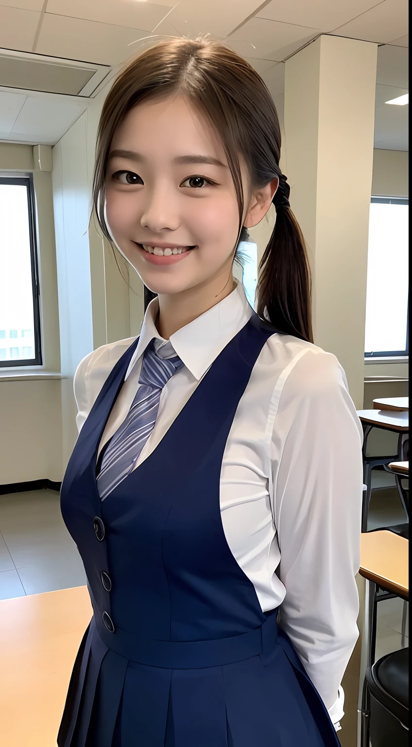 Highly detailed 8k wallpaper), sharp focus, detailed, dramatic, delicate and beautiful schoolgirl, sheer white shirt, tie, dark blue pleated micro mini, light brown hair, smooth pigtails, sexy, smile, peeking at the viewer, beautiful graphics, bright school building, full of students, showing the whole body,.