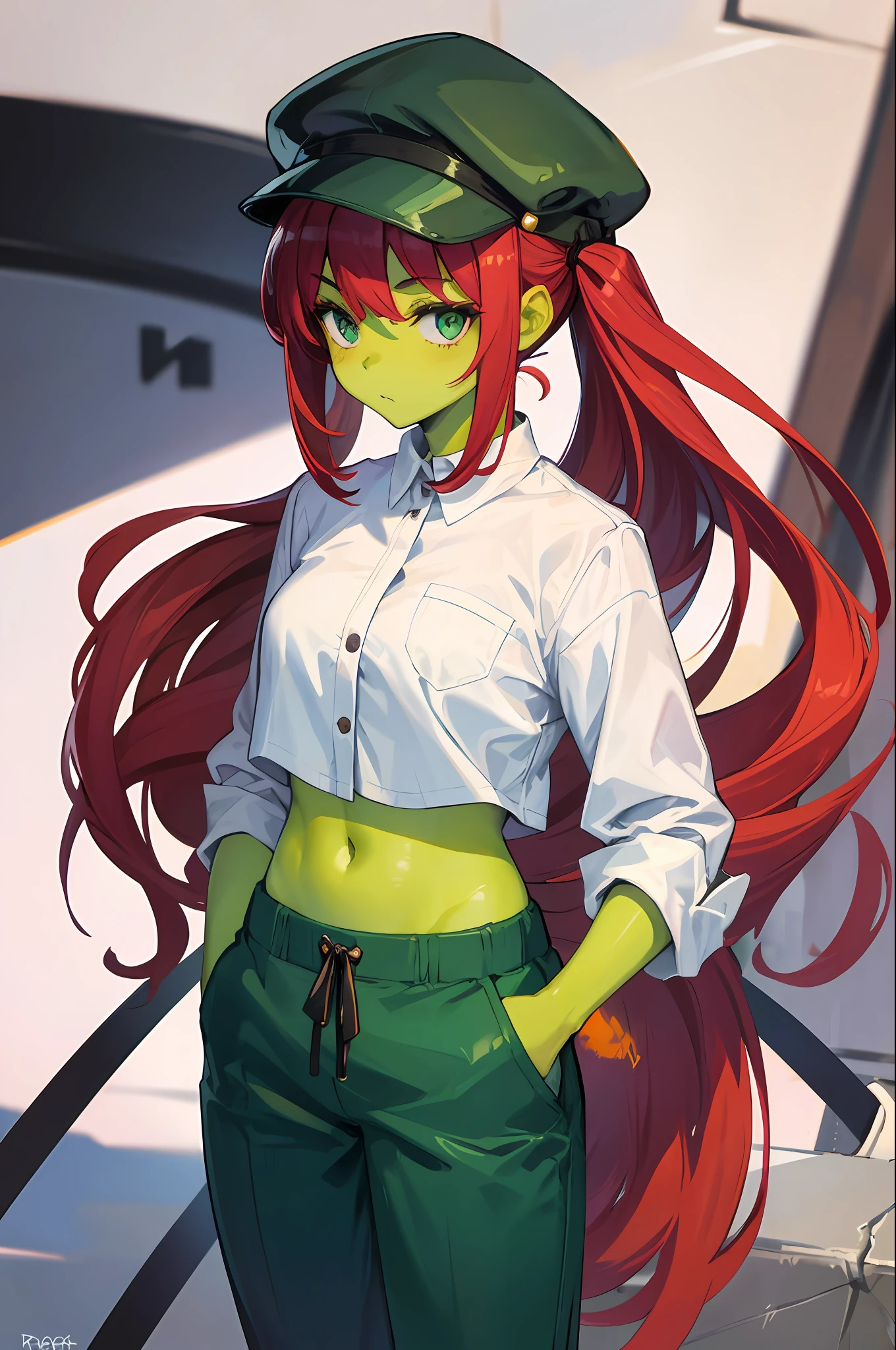Girl with green skin,Wear cropped pants,redheadwear