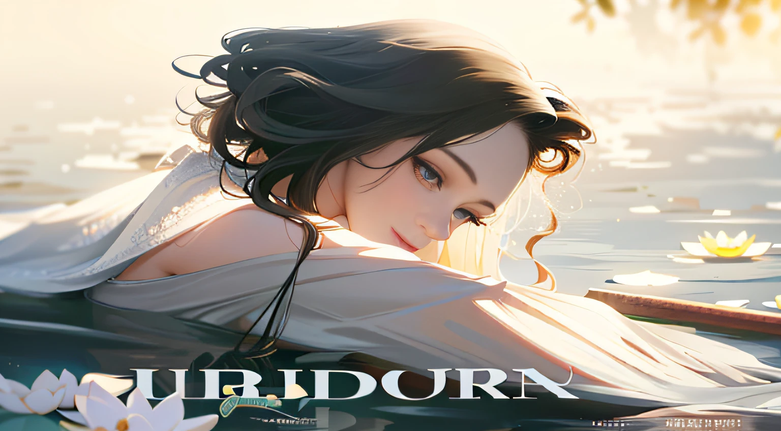 Close-up of a woman in a white dress sitting in the water,A girl in Hanfu, Long black curly hair,sunshine on face,light and shadow effect,Surrounded by lotus flowers,Light style