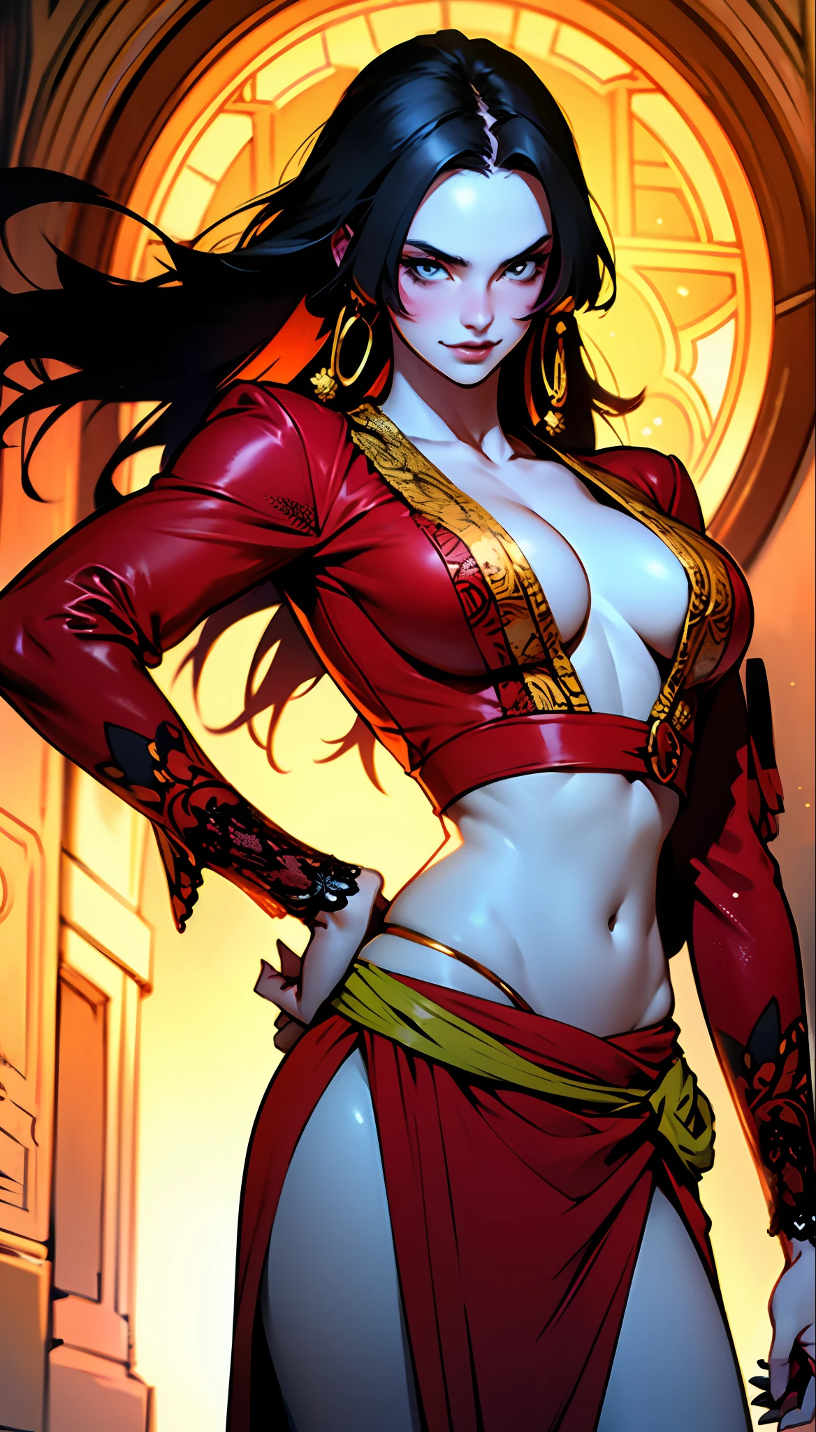 (cowboy shot), (masterpiece), (best quality:1.0), (ultra highres:1.0), highly detailed face and eyes,
BREAK,
BoaHancockV2, black hair, long hair,
belly dance costume, red clothes
BREAK
gorgeous view