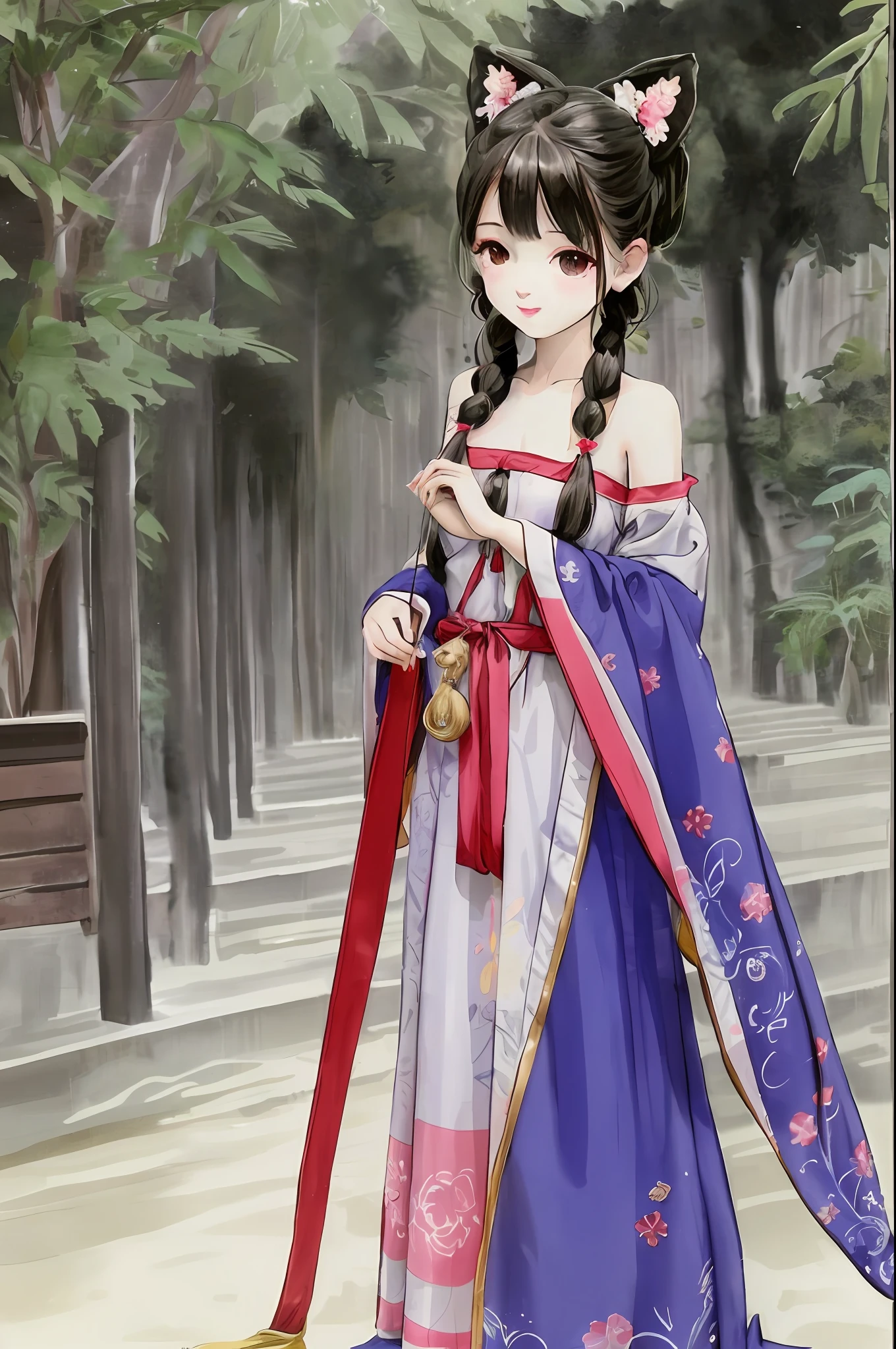 shukezouma, negative space, shuimobysim, 
1menina, orelhas de animais, orelha de gato, cauda de gato,
twintails, twin_tail, cachos,
(cabelos brancos claros), (cabelos longos), (olhos vermelhos), medium_breasts,
mulher, ombros nus, (ecchi0.5),, water splashing, (brazi: 0.5), (flores: 0.6), (birds: 0.2), (bambu0.1), lagos, Hangzhou, boniano, boniano no fundo ,roupa cobrindo o corpo