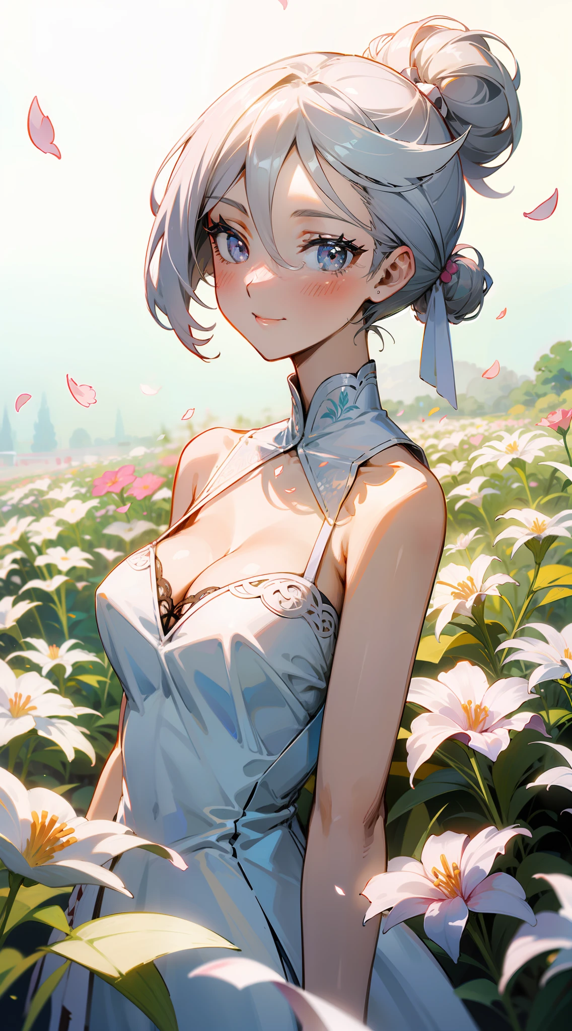 A masterpiece、the highest quality、Close Up, upper body shot until stomach、"Miorine with a silver hair bun, wearing an intricate white party dress with open shoulders. She has a big springy breast, with cleavage visible. She is looking at the viewer, slightly higher, blushing and giving a shy smile, flower garden background with flower petals in air"