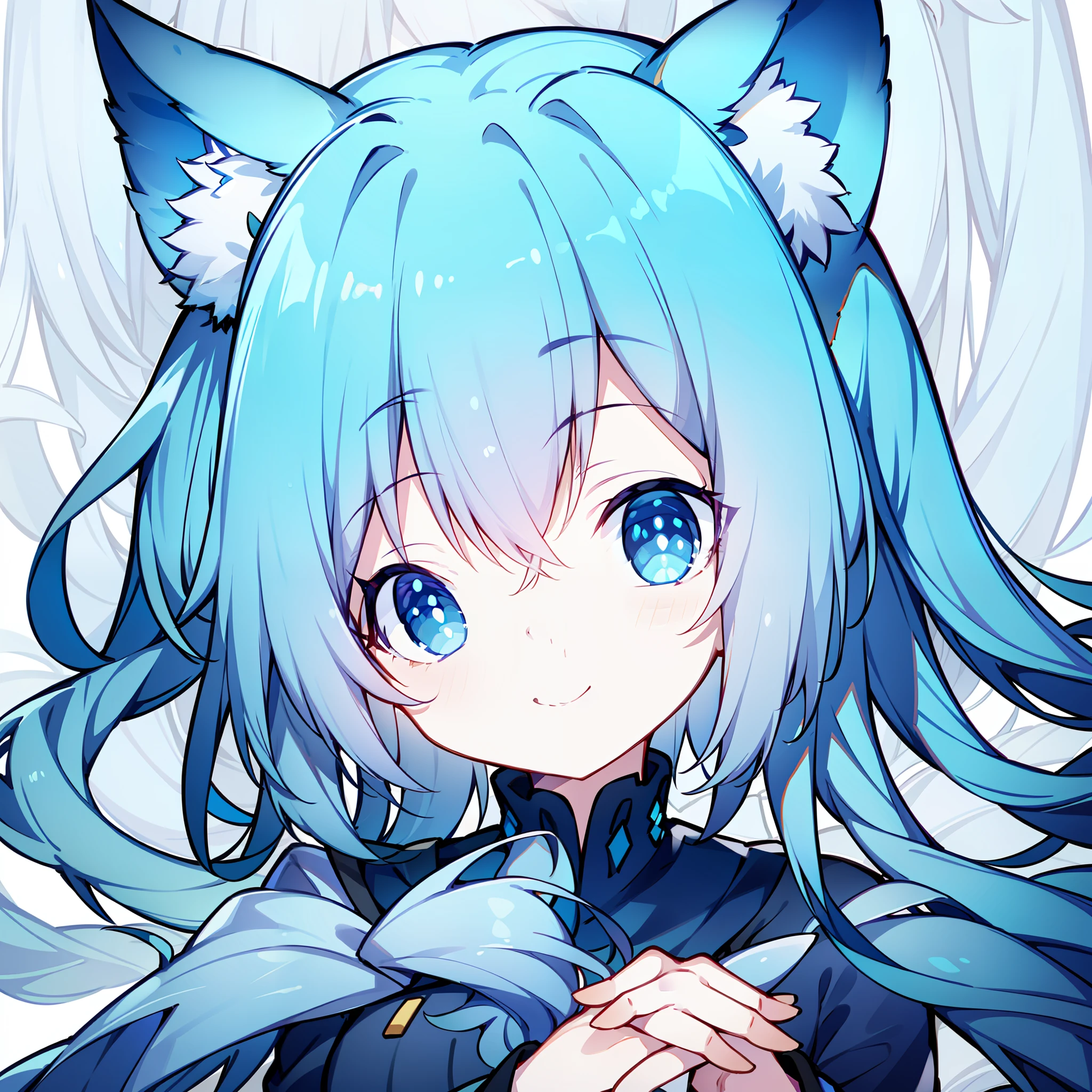 cyanhair，ssmile，Dark blue clothes，Hold your face with your hands，dual horsetail，Blue pupil，Look at the top left corner，high qulity，tmasterpiece，Blue cat ears