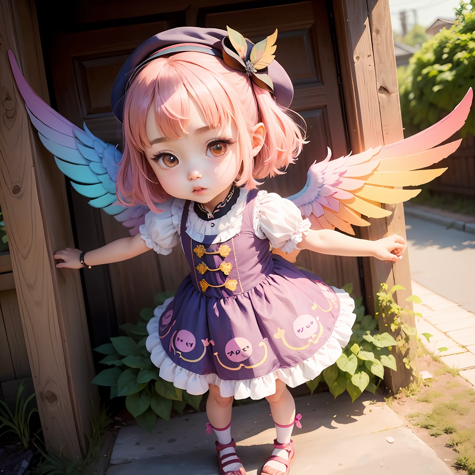 A girl in a colorful hat and a dress with pairs of wings on her back, chibi girl, loli in dress, loli, kawaii chibi, inspired by lyki, chibi art, inspired by Tahara Gu Soda, inspired by Yunduxue, inspired by Wang Lu --auto