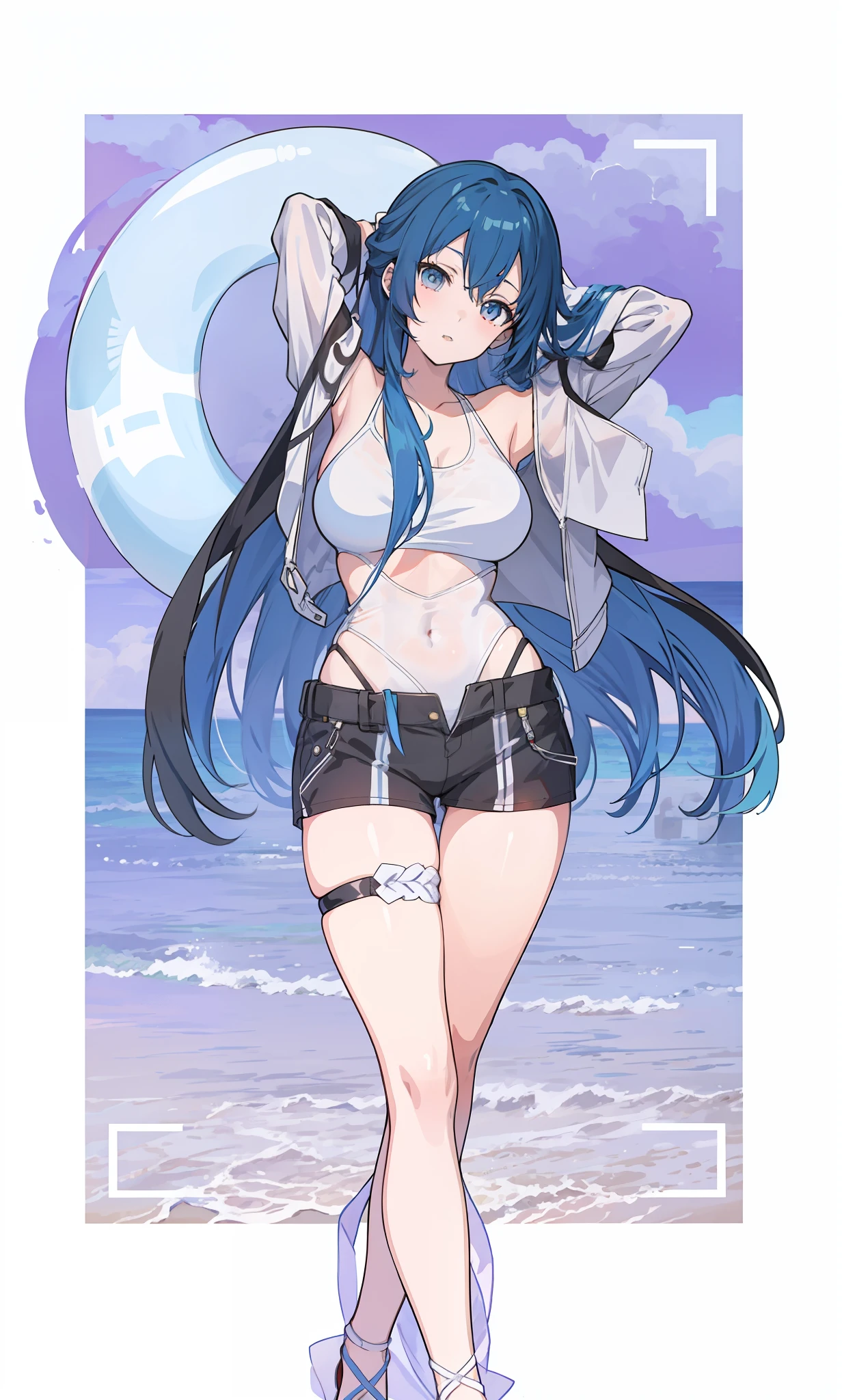 Anime girl with blue hair and white shirt posing in front of blue sky, anime moe art style, anime full body illustration, full body commission for, Kantai collection style, full-body xianxia, !!Full body portrait!!, on  the  beach, full body!!, in a bathing suit, anime woman fullbody art, in beach, seductive anime girls