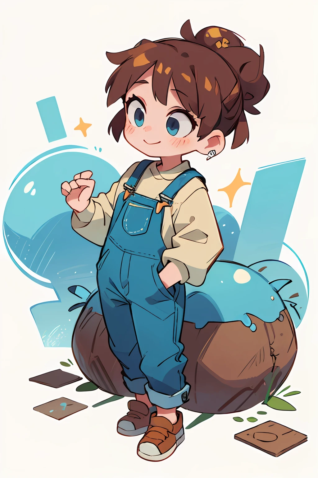 masterpiece, beautiful, 4k, detailed, intricate details, child, ****, overalls, jean overalls, long sleeve shirt, white long sleeve shirt, overalls over shirt, cuffed overalls, messy bun, brown hair, brown bun, soft blue eyes, soft smile, slight smile, hands back, standing on the balls of her feet, 1girl, rocking