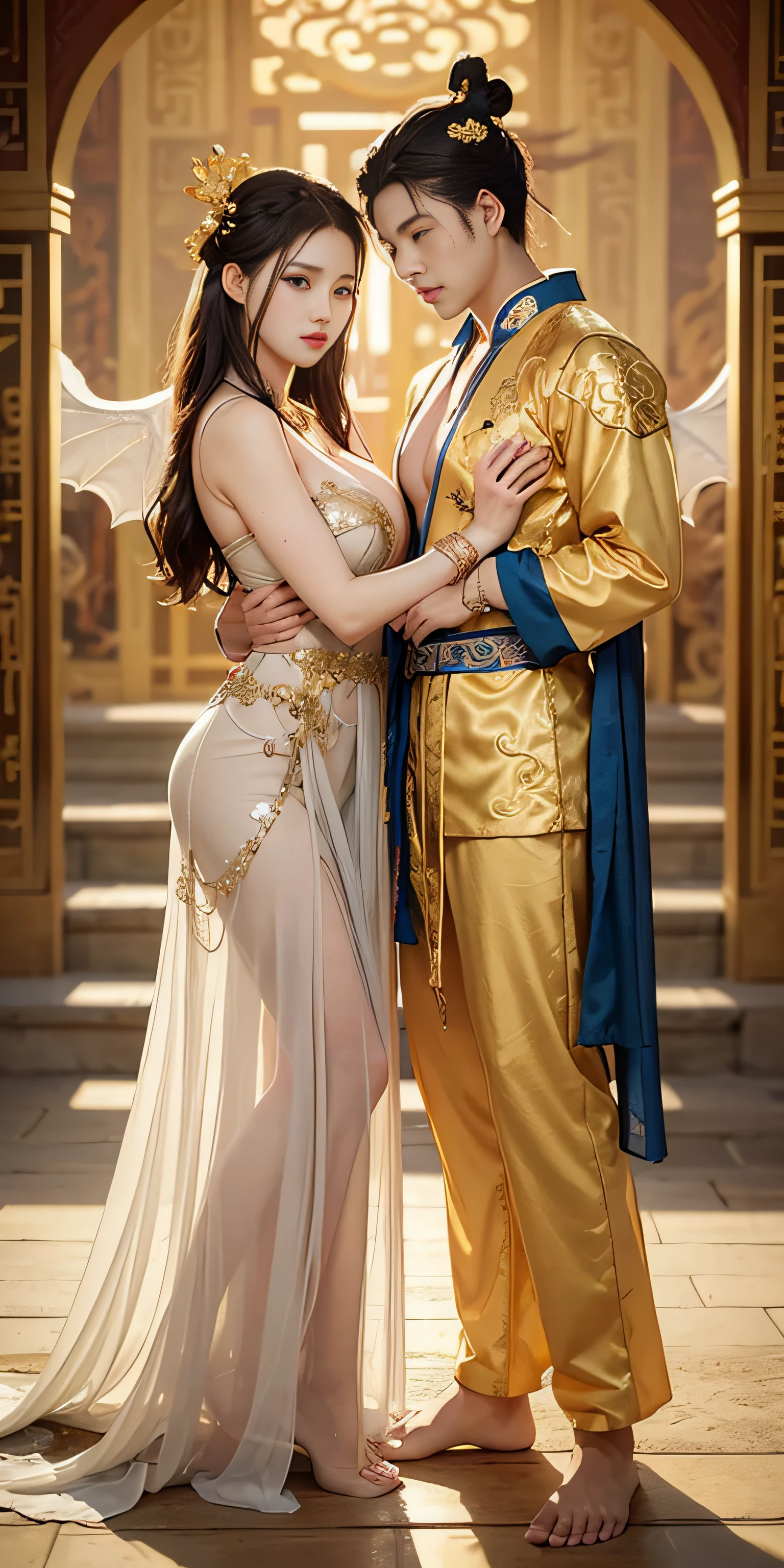 (couple cuddling) rough man Zeus muscular naked, beautiful, sexy, big breasts, cleavage, bare legs, see-through, standing, hanfu, wet, clear, realistic, highest detail, Chinese mythology, dragon pattern, phoenix, sacred, holy, golden mountains, heavenly palace, countless palaces, clouds, golden light